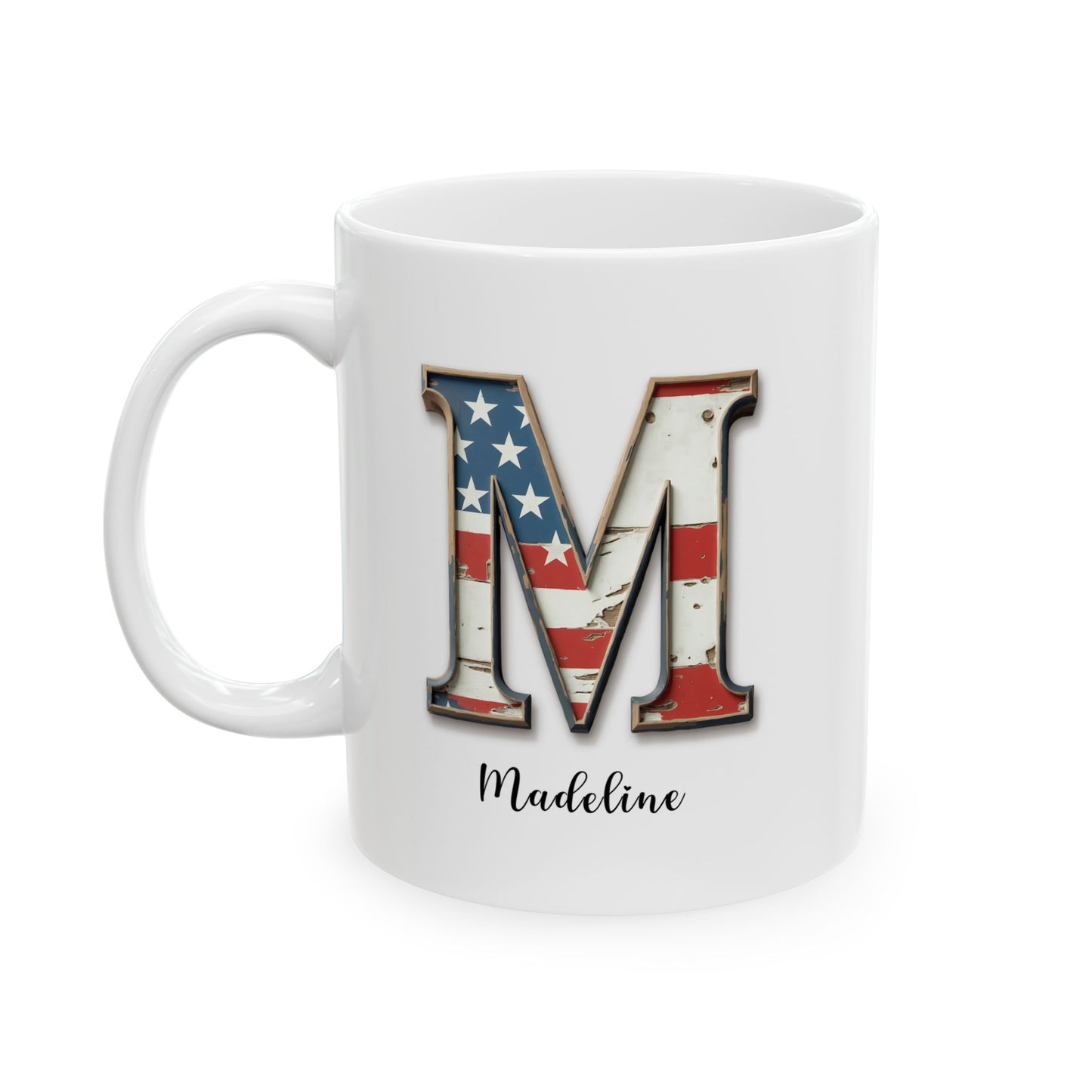 Mug - Patriotic American Flag Letter M with Kevin Name - Vintage Red, White, and Blue Design
