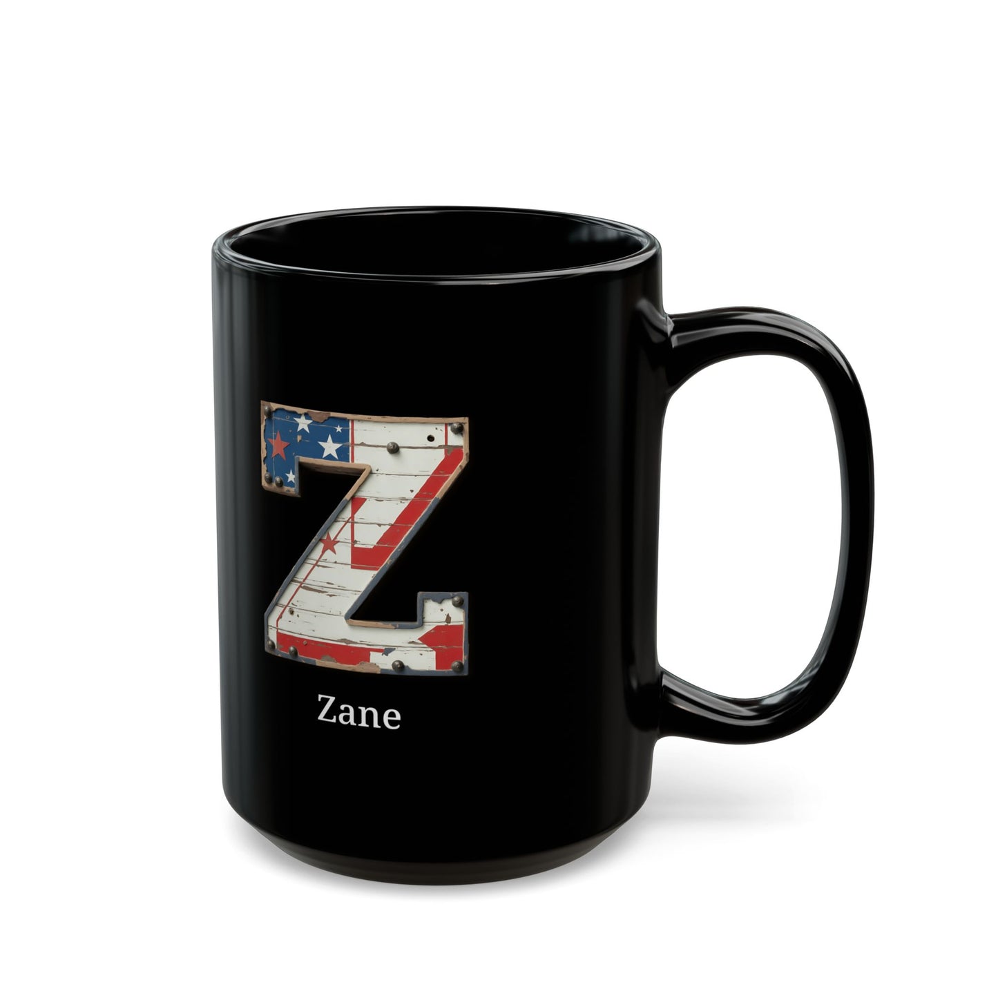 Black Personalized USA Flag Initial Mug with Letter Z and Zane Name Gift for Men, Veterans, Patriotic Coffee Lovers