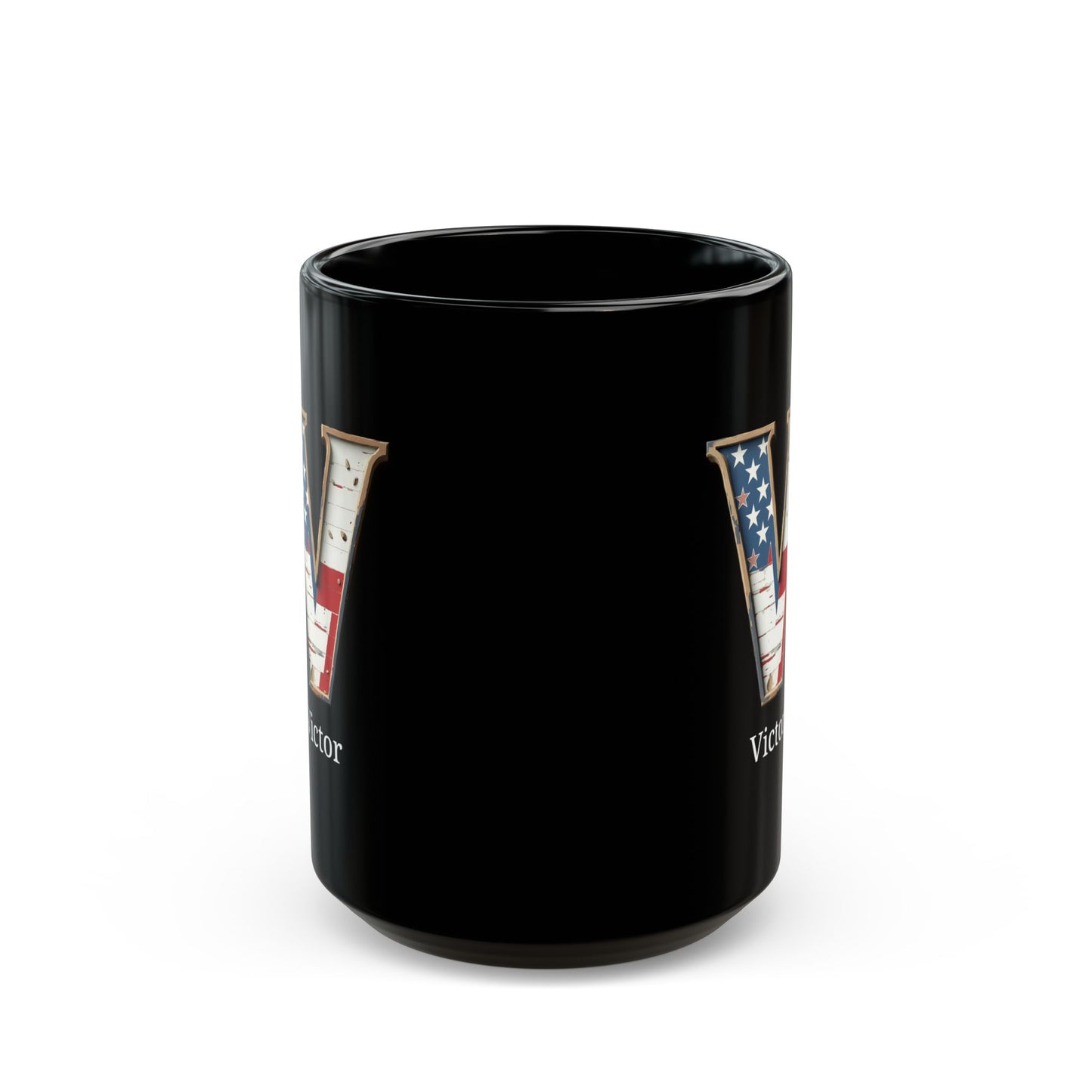 Personalized Black American Flag Mug with Letter V and Name Victor Custom Patriotic Coffee Cup Gift for Men Veterans or USA Lovers