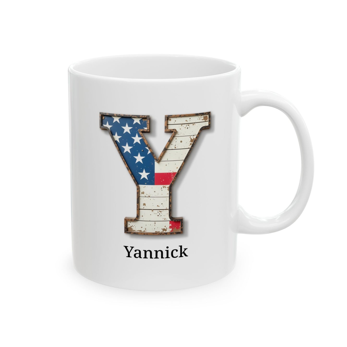 White Personalized USA Flag Initial Mug with Letter Y and Yannick Name Gift for Men, Veterans, Patriotic Coffee Lovers