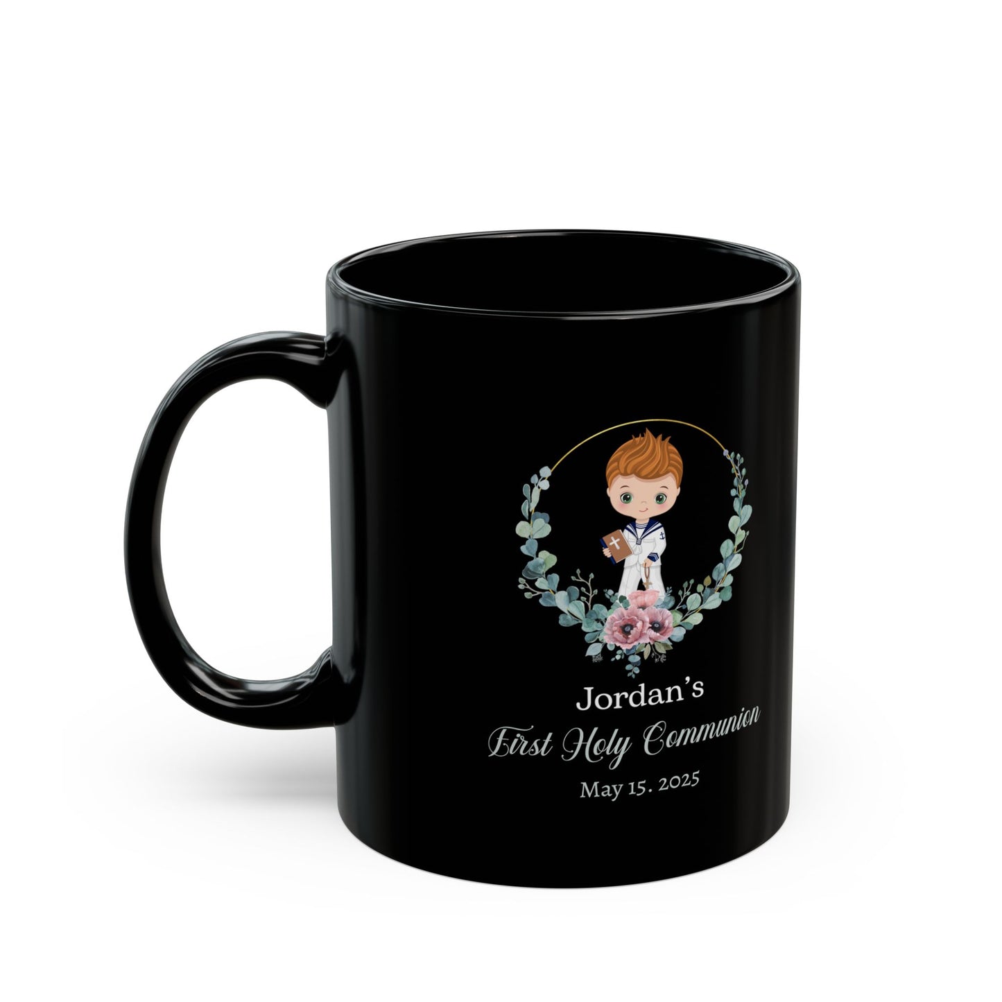 Jordan's First Holy Communion Black Mug – Custom Keepsake Gift 2025