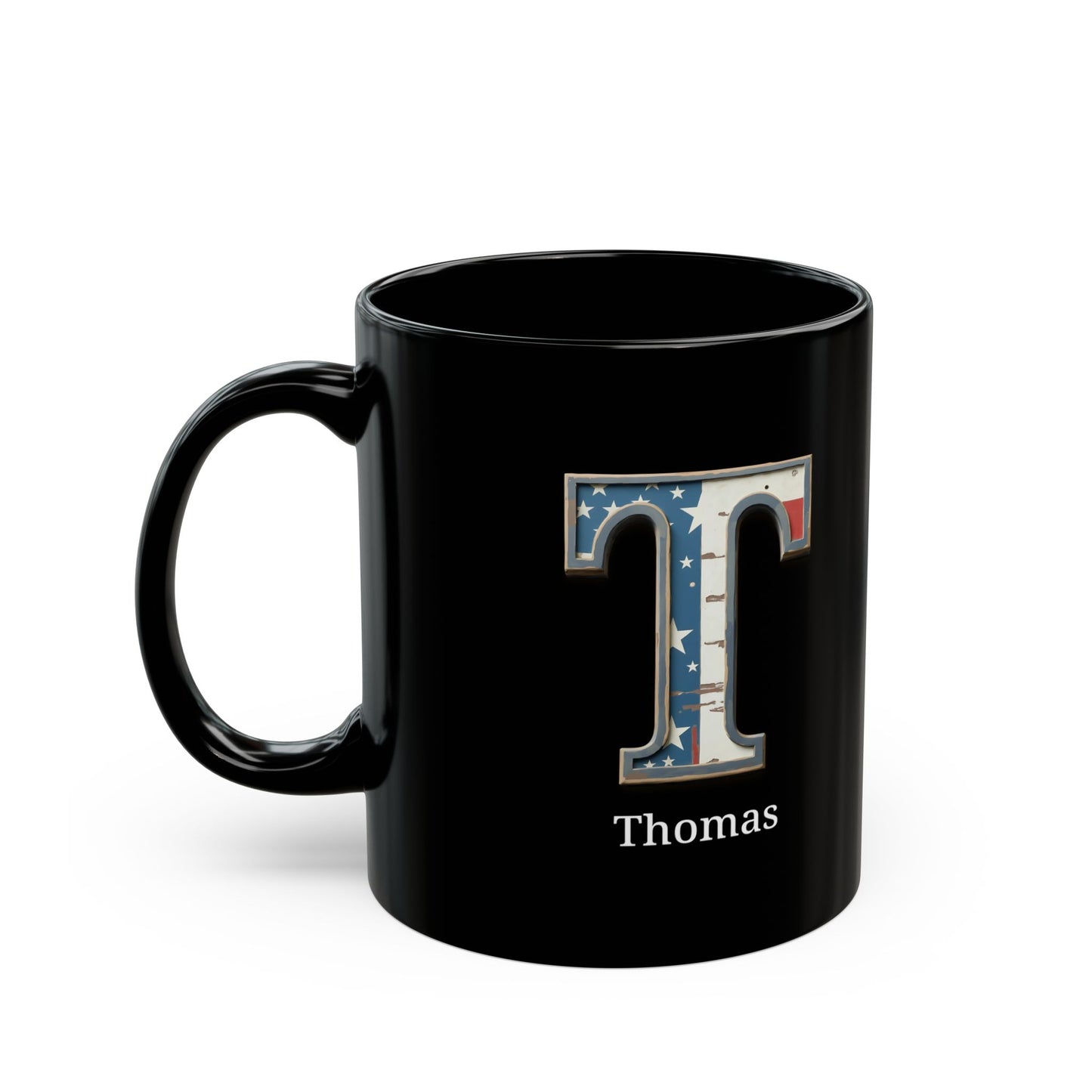 Black American Flag Mug with Letter T and Name Thomas Personalized Patriotic Coffee Cup Gift for Men Veterans or USA Flag Supporters
