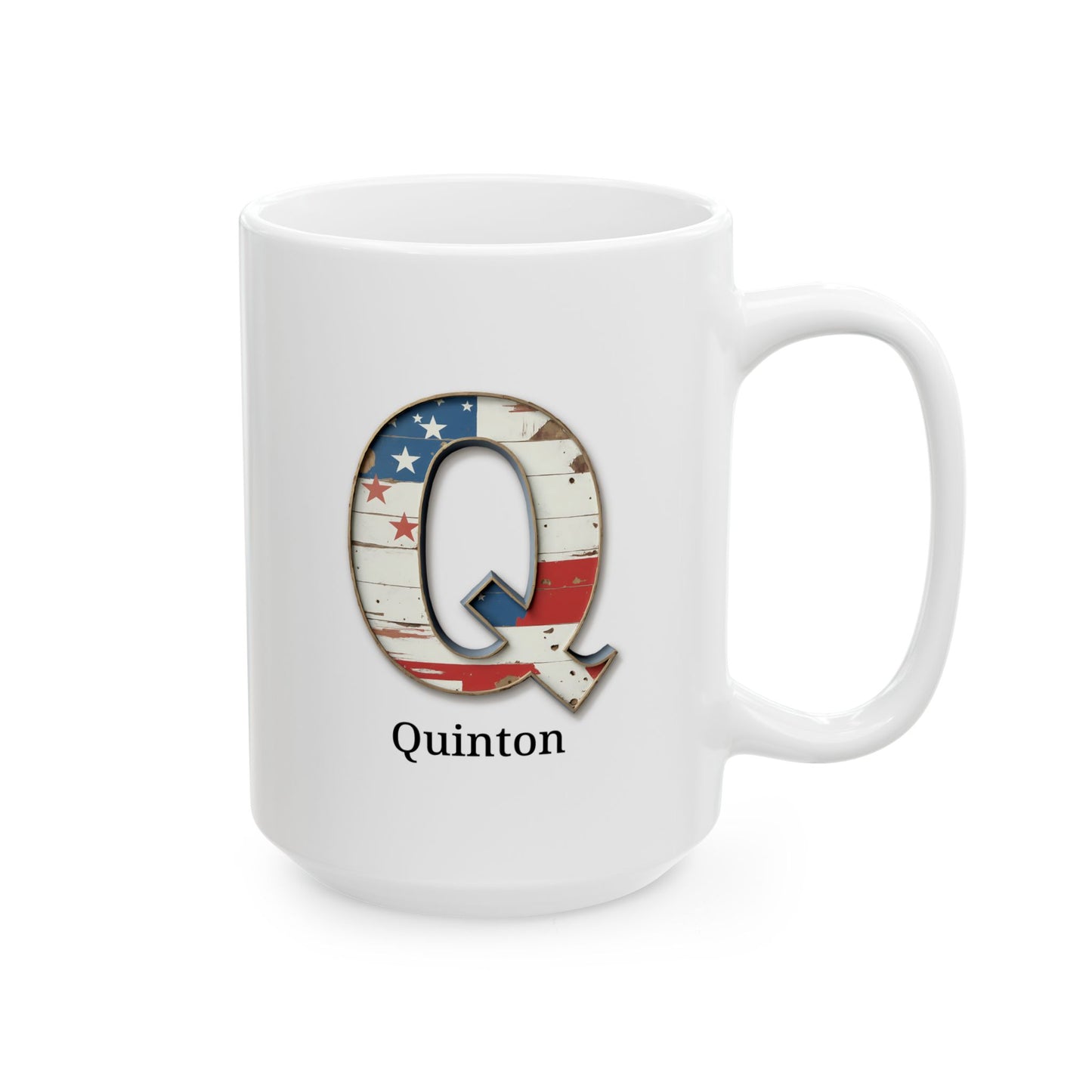 White American Flag Mug with Letter Q and Name Quinton Personalized Patriotic Coffee Cup Gift for Veterans Military or Proud Americans