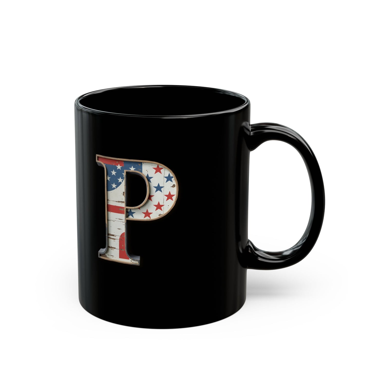 Black American Flag Mug with Letter P Patriotic Initial Coffee Cup Gift for Veterans Military Supporters or Proud Americans