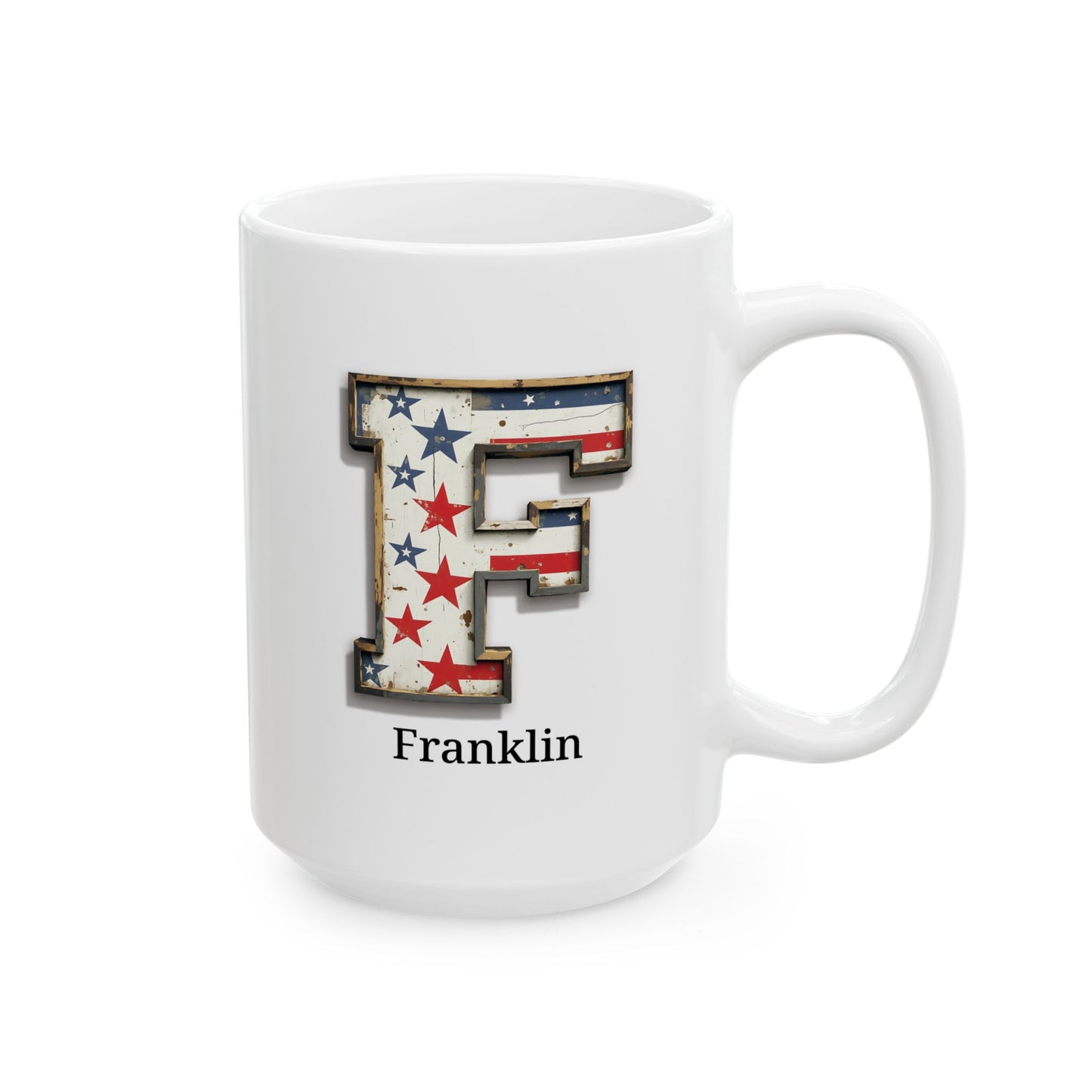 White Personalized USA Flag Initial Mug with Letter F and Franklin Name Gift for Men, Veterans, Patriotic Coffee Lovers