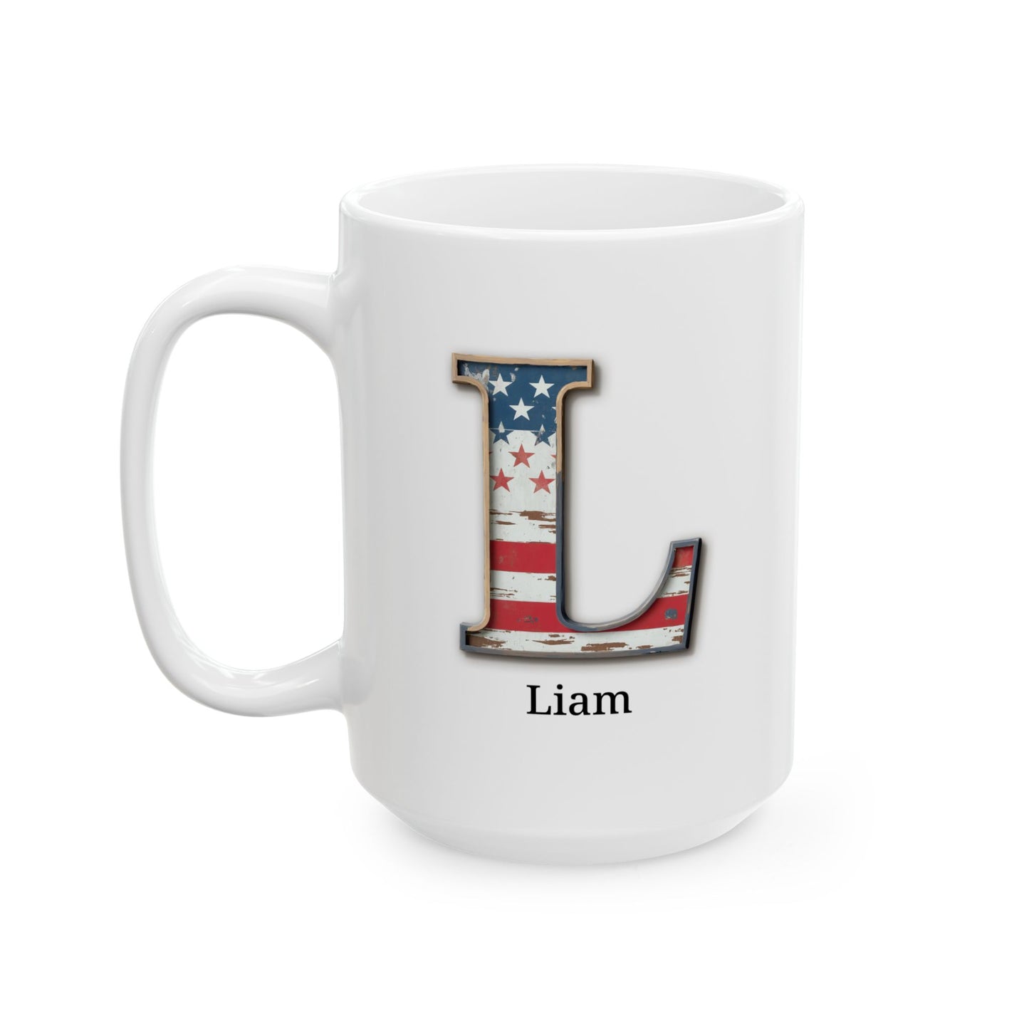 White American Flag Mug with Letter L and Name Liam Personalized Patriotic Coffee Cup Gift for Veterans Military or Proud USA Supporters