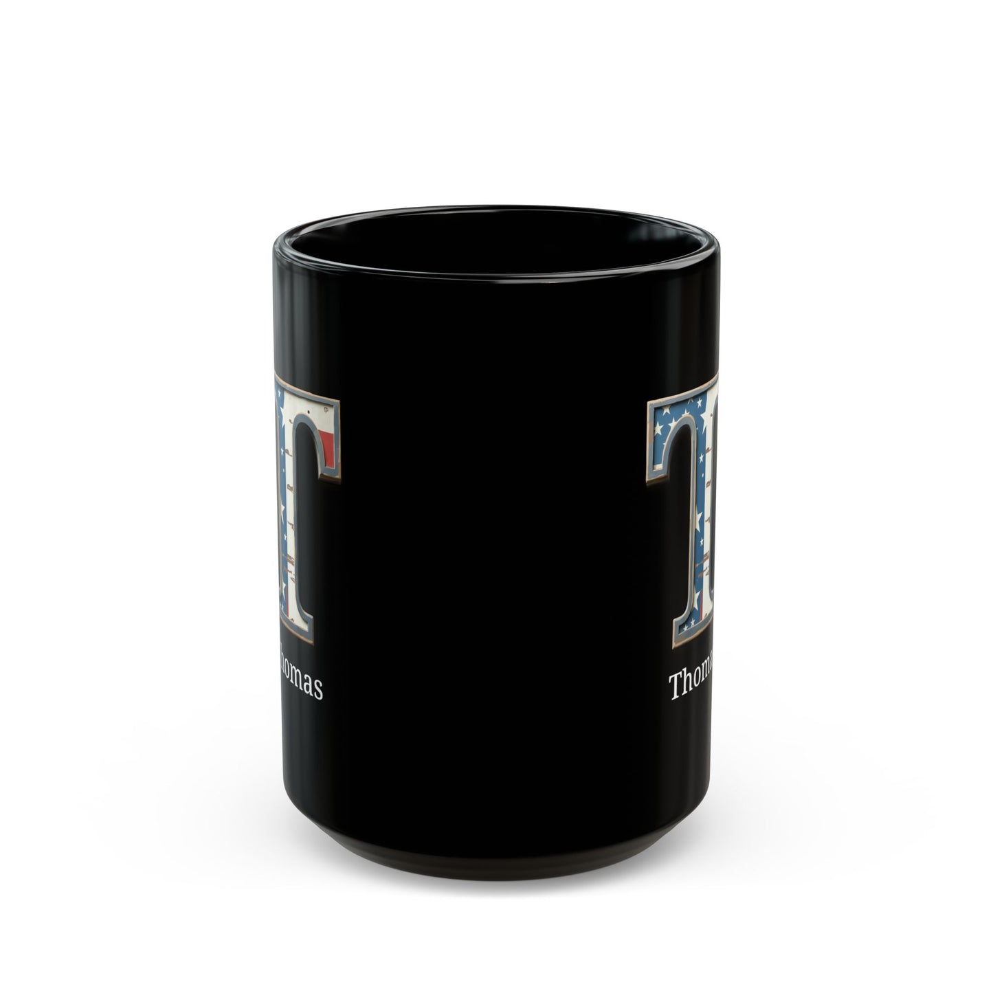 Black American Flag Mug with Letter T and Name Thomas Personalized Patriotic Coffee Cup Gift for Men Veterans or USA Flag Supporters