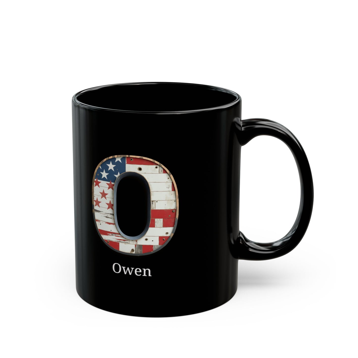 Black American Flag Mug with Letter O and Name Owen Personalized Patriotic Coffee Cup Gift for Men Veterans or Proud USA Supporters
