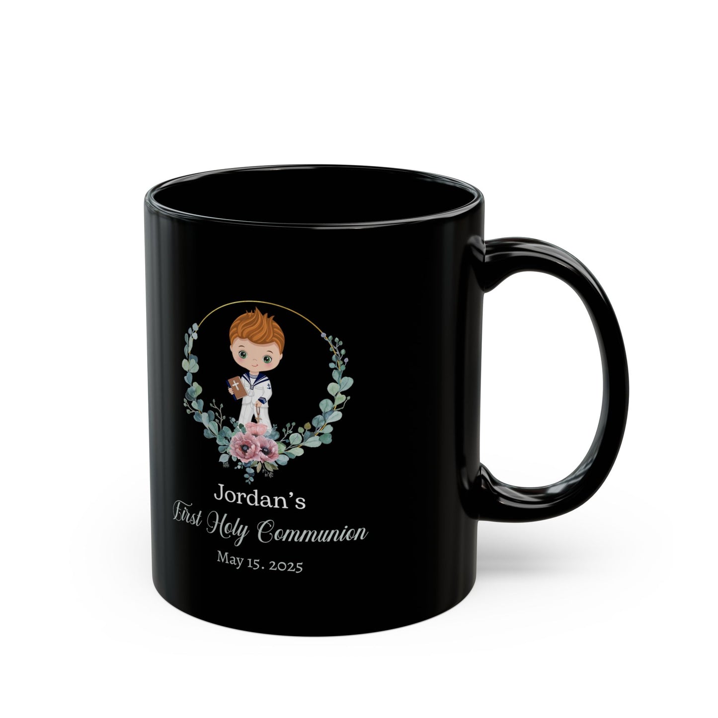 Jordan's First Holy Communion Black Mug – Custom Keepsake Gift 2025