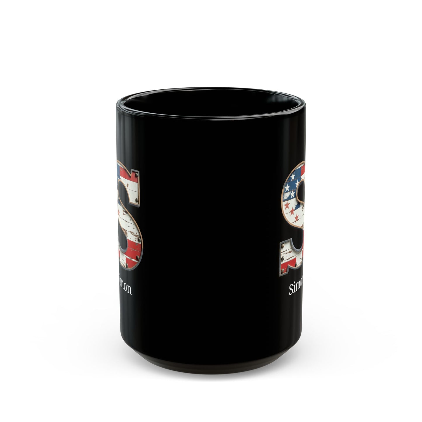 Black American Flag Mug with Letter S and Name Simon Personalized Patriotic Coffee Cup Gift for Men Veterans or USA Flag Lovers