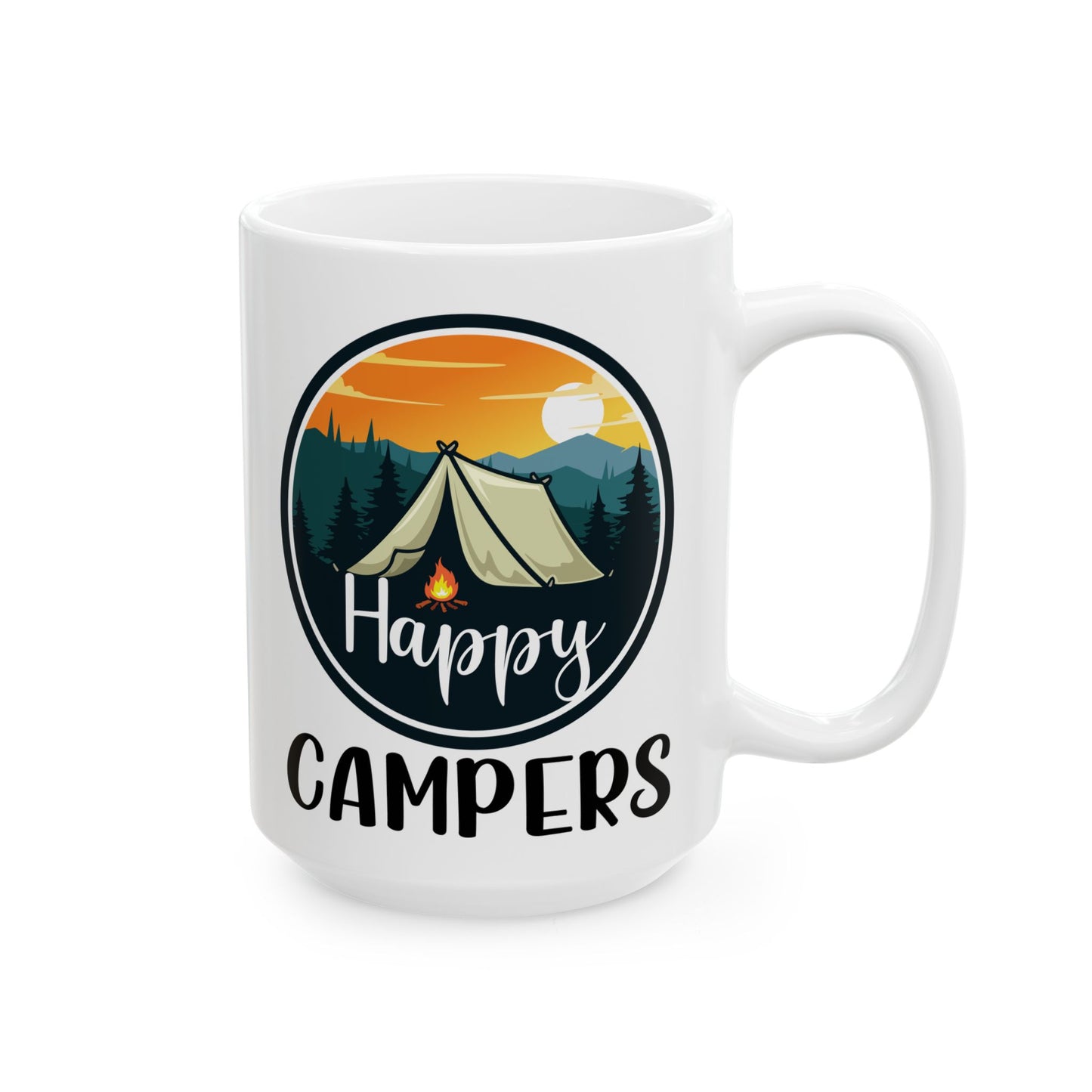 Happy Campers – Vintage Tent and Bonfire Adventure Scene Ceramic Mug, (11oz, 15oz)