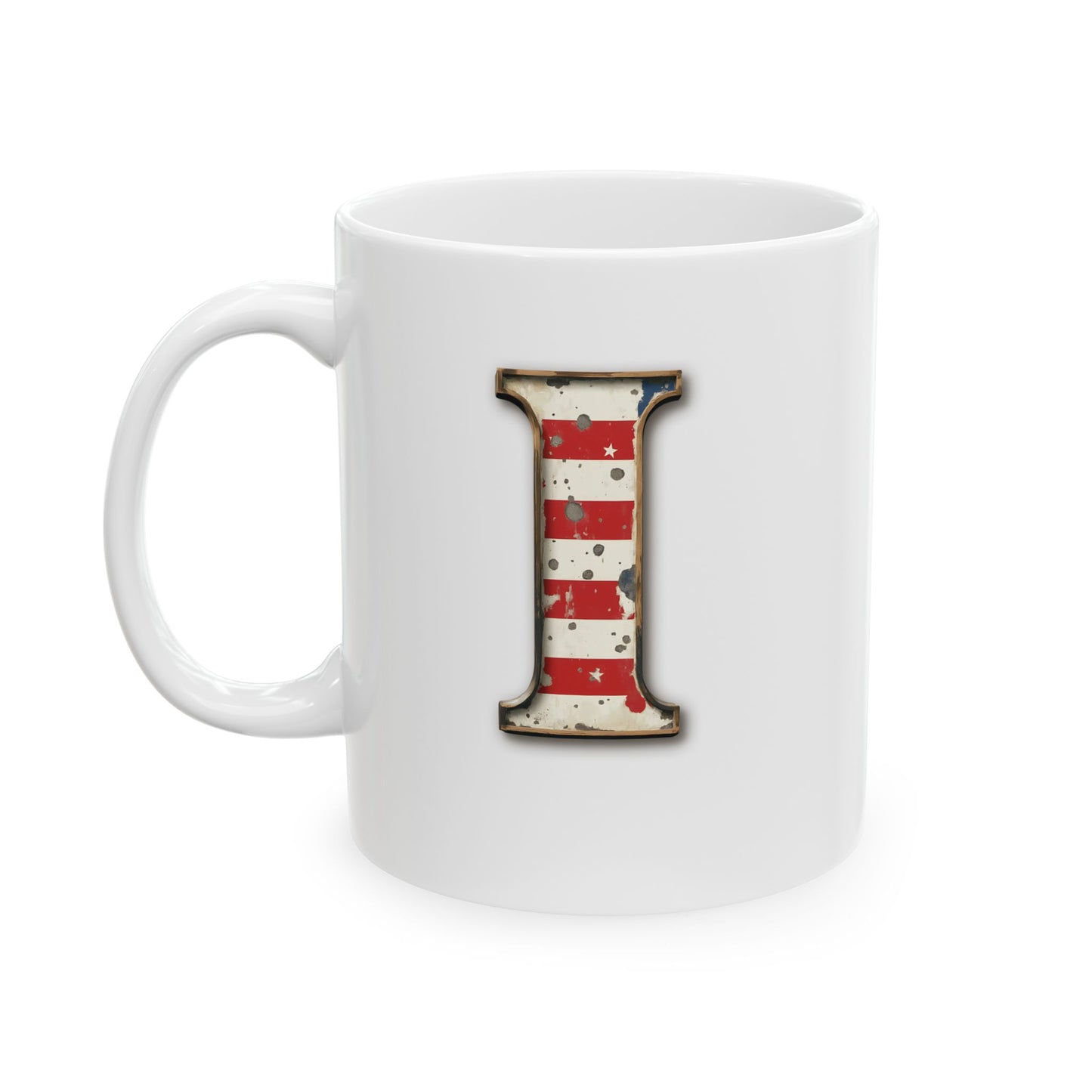 Mug - Patriotic American Flag Letter I with Kevin Name - Vintage Red, White, and Blue Design