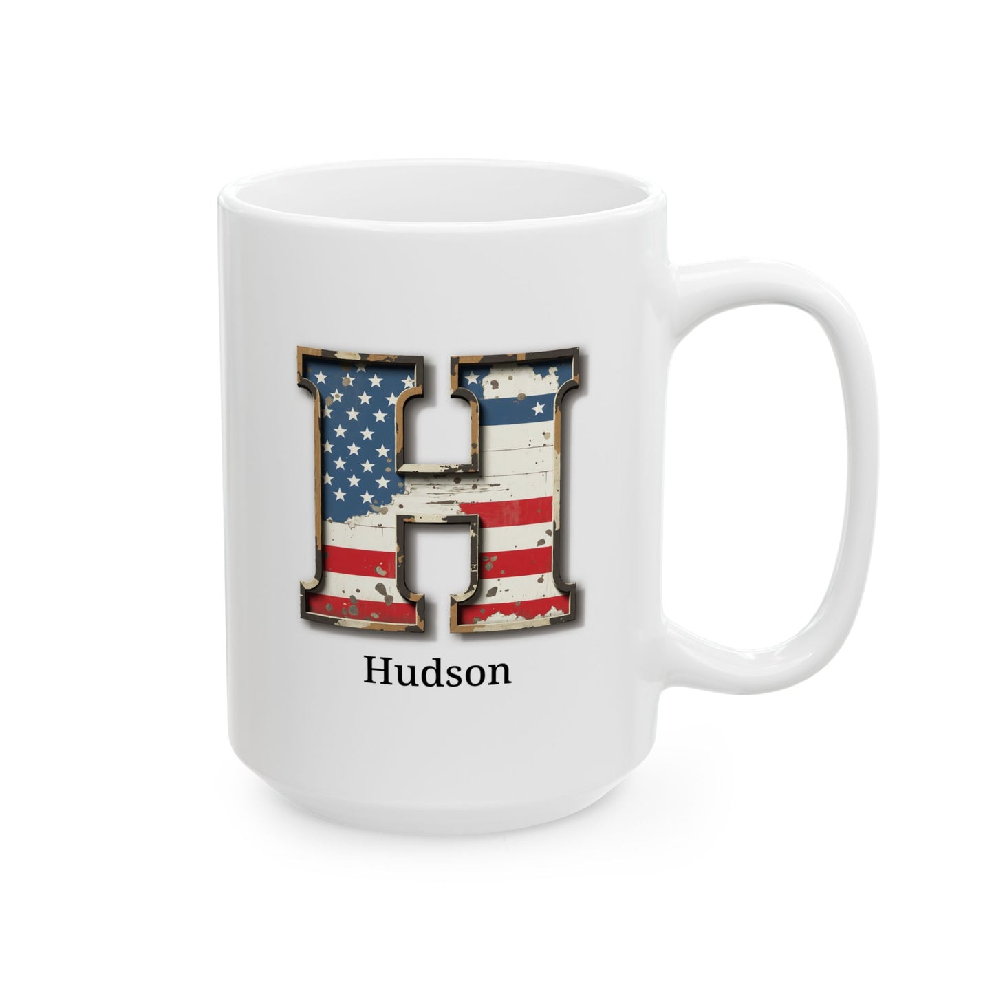 White Personalized USA Flag Initial Mug with Letter H and Hudson Name Gift for Men, Veterans, Patriotic Coffee Lovers