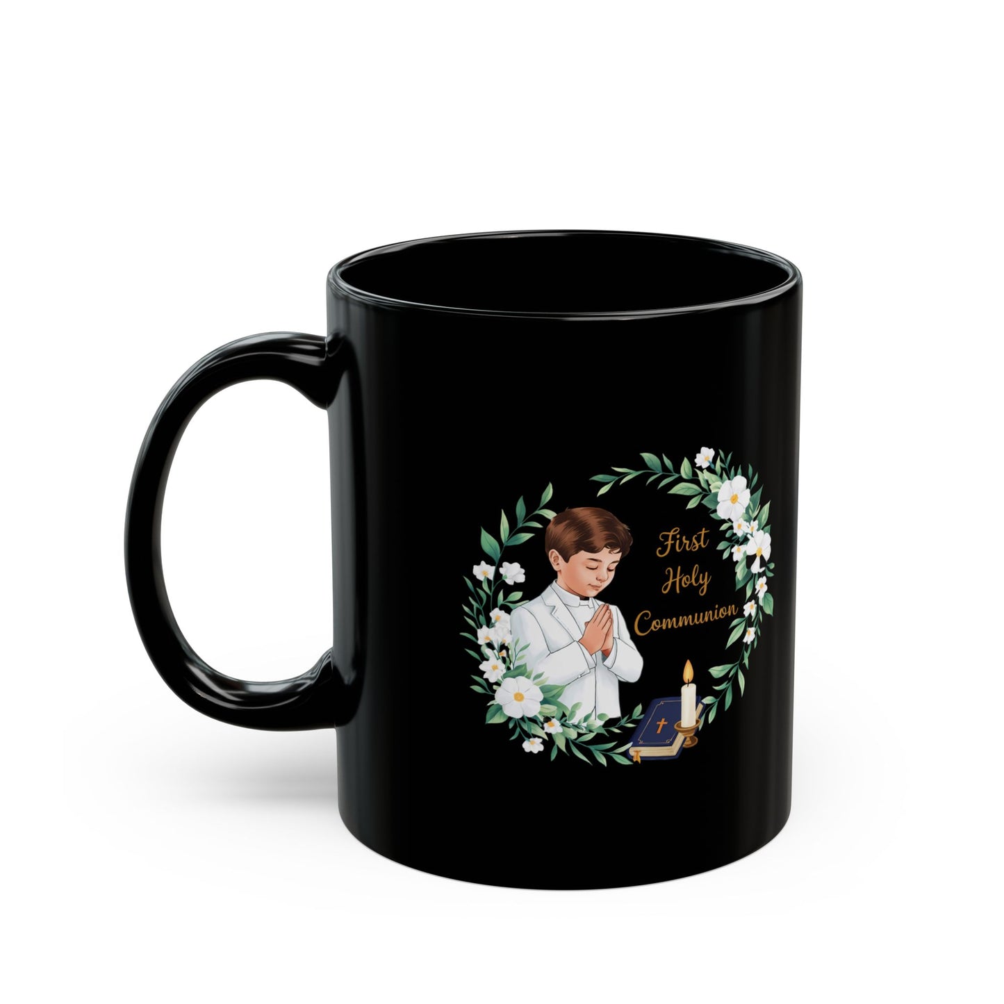 First Communion Boy Black Mug – Holy Gift with Prayer Design