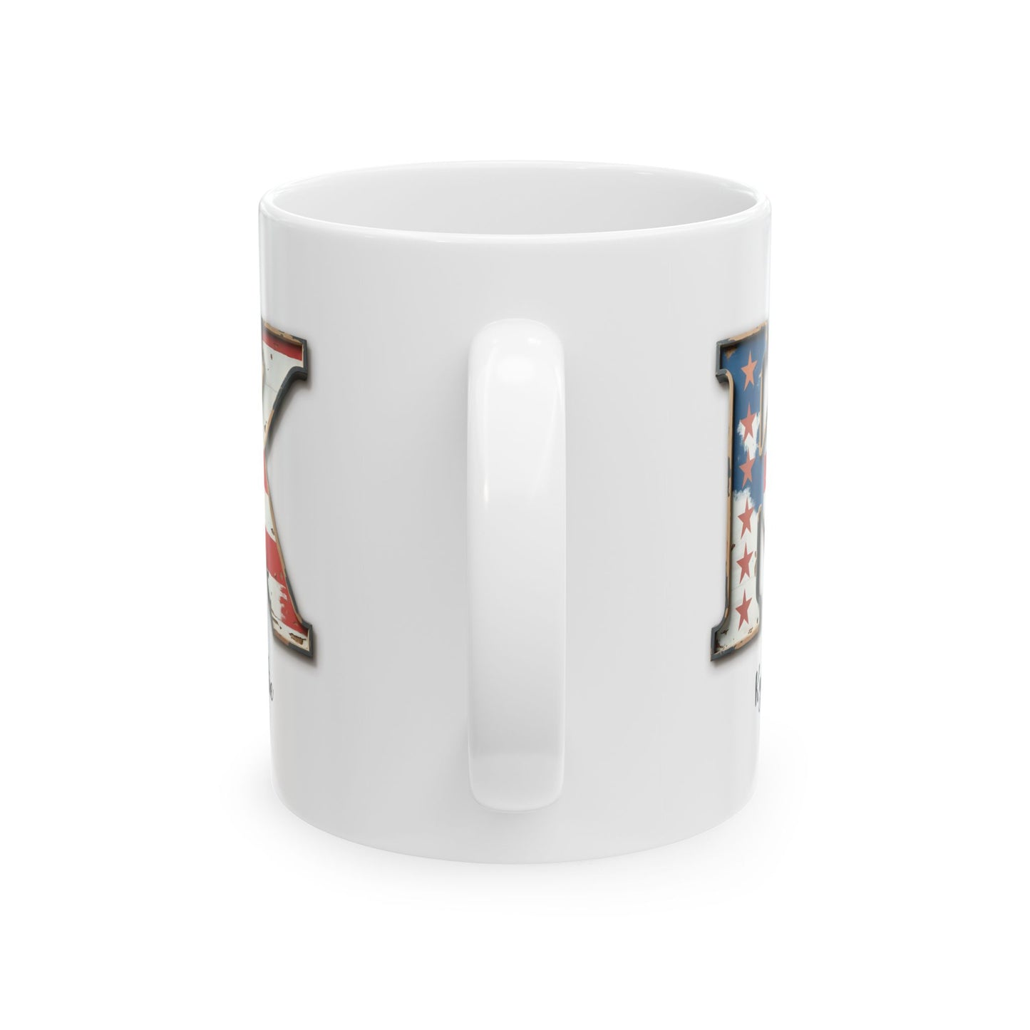 Mug - Patriotic American Flag Letter K with Kevin Name - Vintage Red, White, and Blue Design