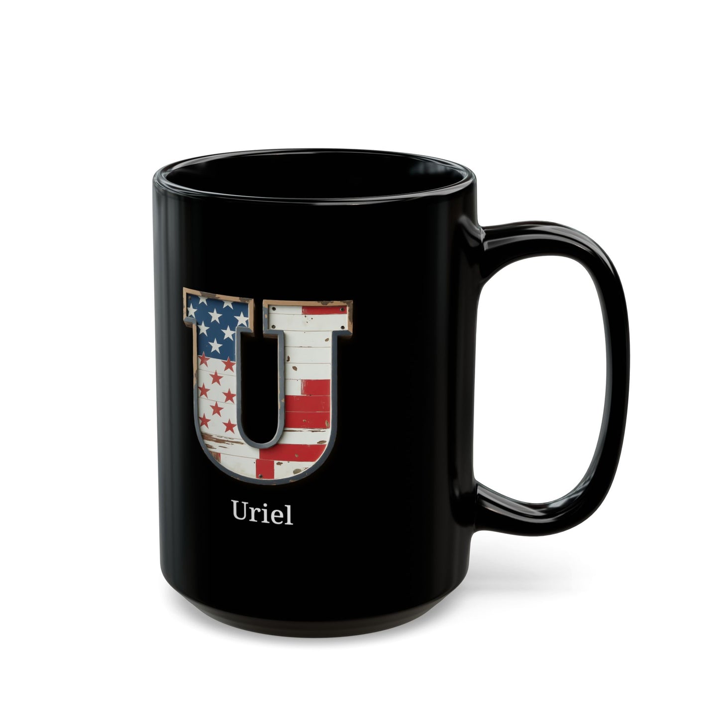 Black American Flag Mug with Letter U and Name Uriel Personalized Patriotic Coffee Cup Gift for Men Veterans or USA Supporters