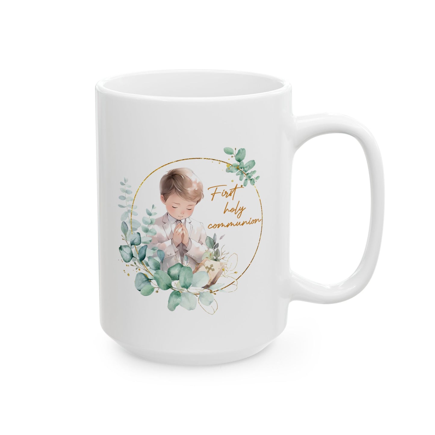 First Communion Mug for Boy – Elegant Eucalyptus Prayer Design