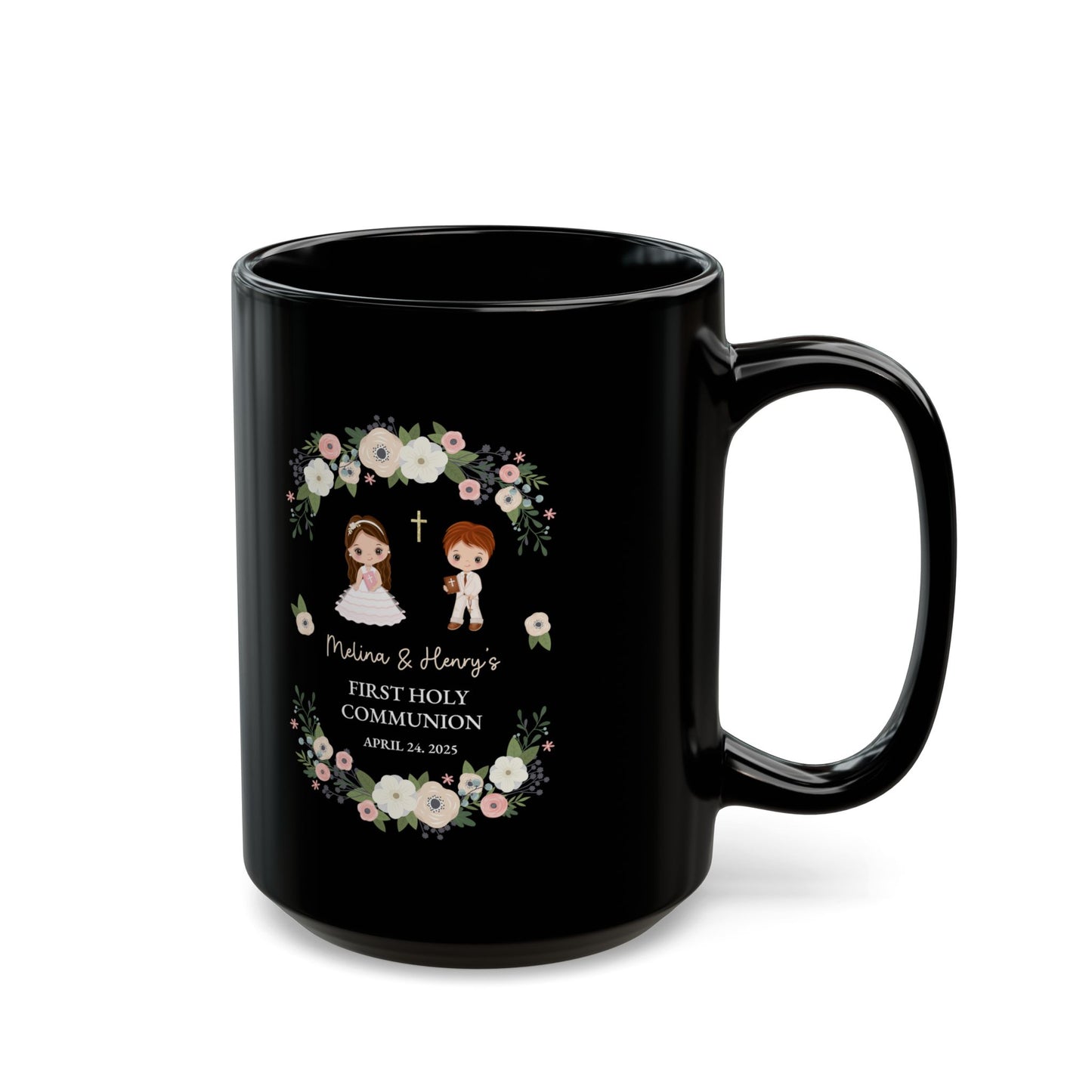 First Holy Communion Black Mug – Custom Gift for Melina & Henry