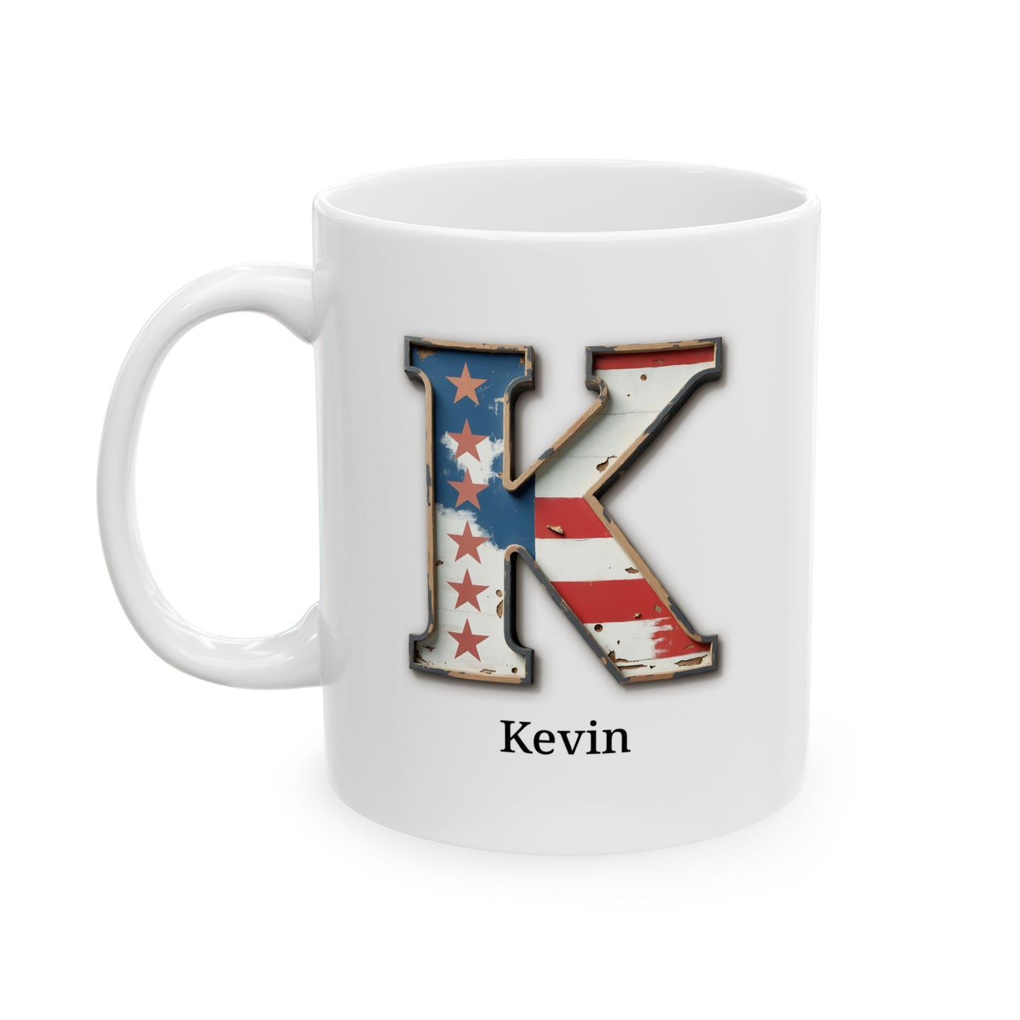 White Patriotic Initial Mug with Letter K and Name Kevin Personalized American Flag Coffee Cup Gift for Men, Veterans, or USA Supporters