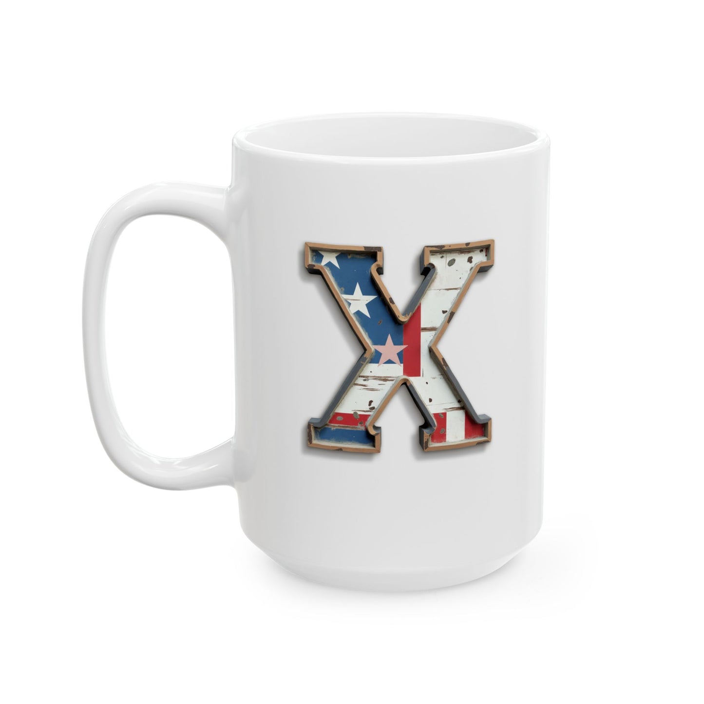White USA Flag Letter X Mug – Personalized Patriotic Initial Coffee Cup Gift for Men, Veterans, and Proud Americans