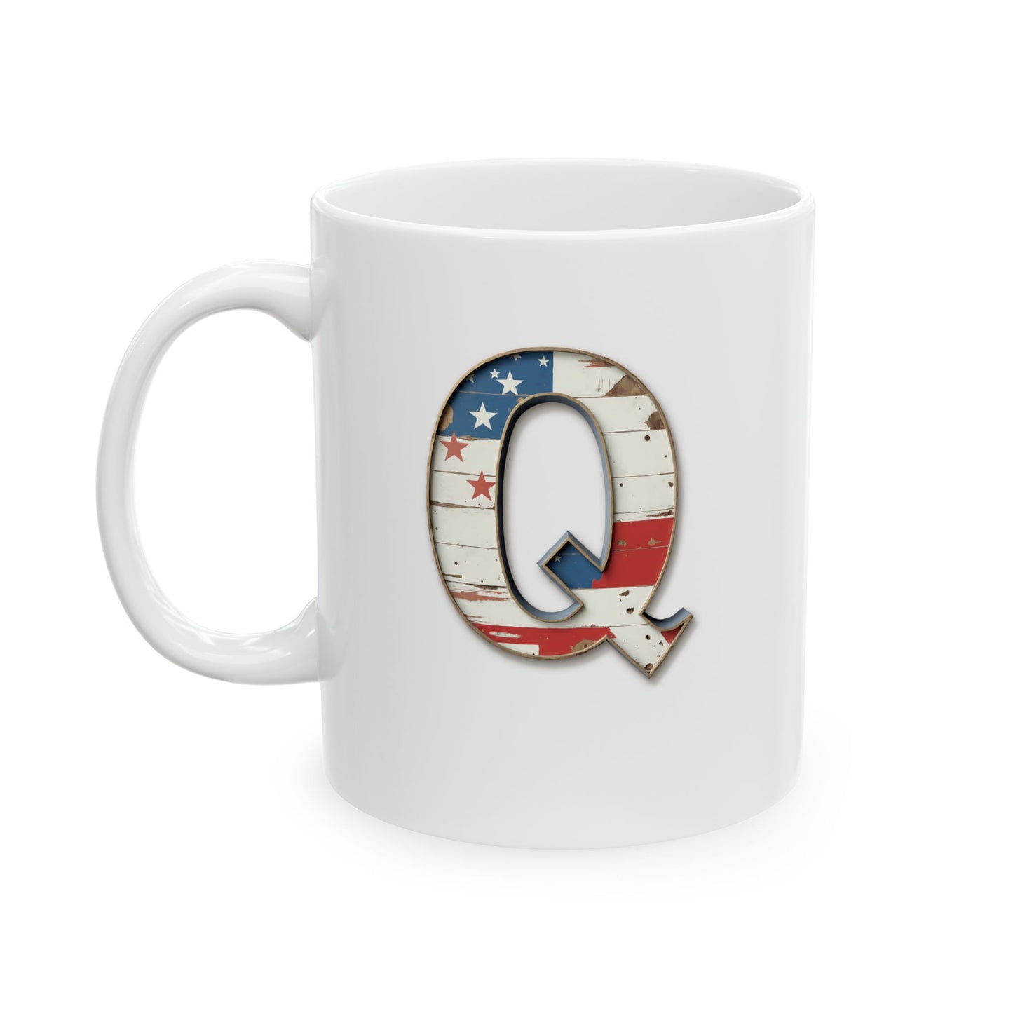 Mug - Patriotic American Flag Letter Q with Kevin Name - Vintage Red, White, and Blue Design