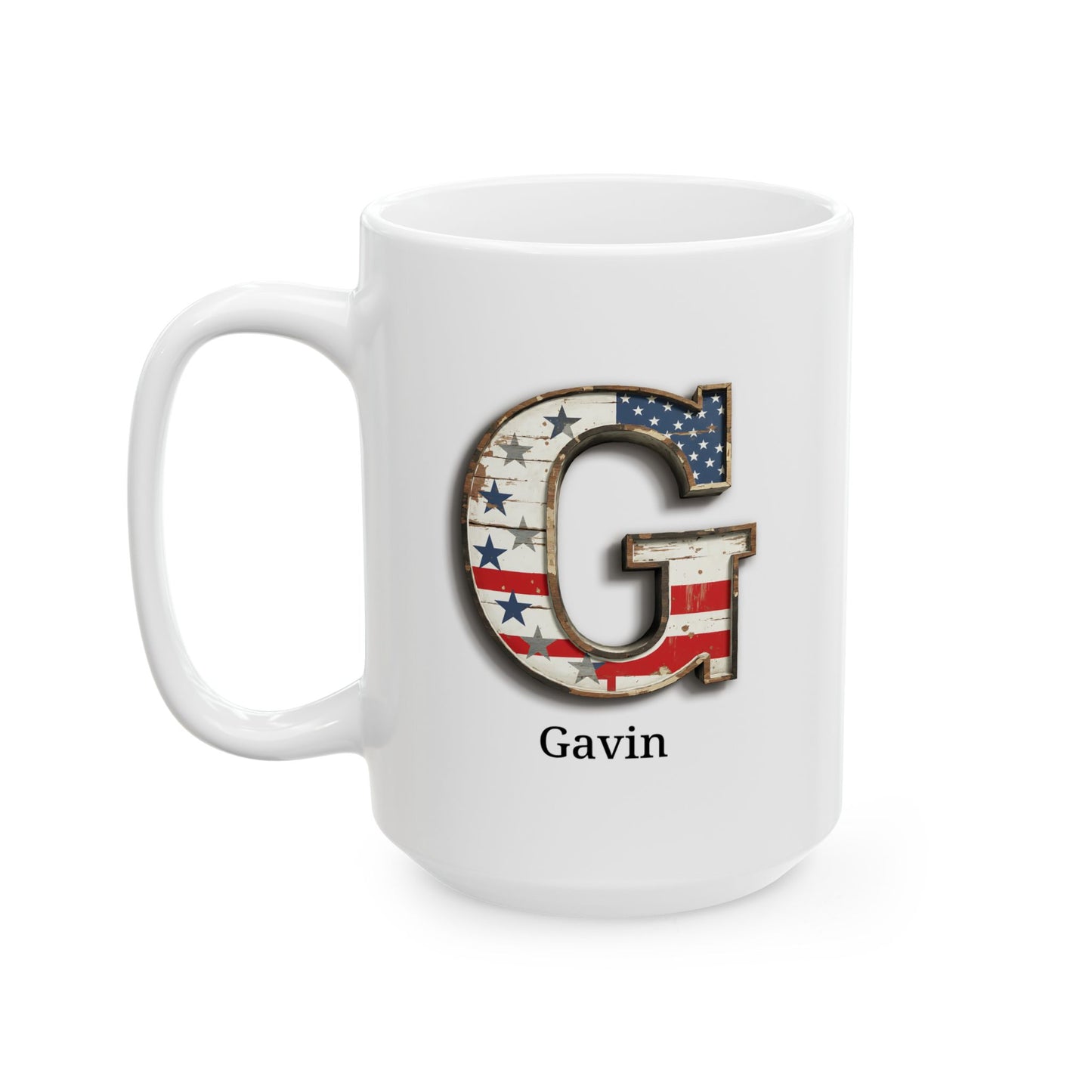 White Personalized USA Flag Initial Mug with Letter G and Gavin Name Gift for Men, Veterans, Patriotic Coffee Lovers