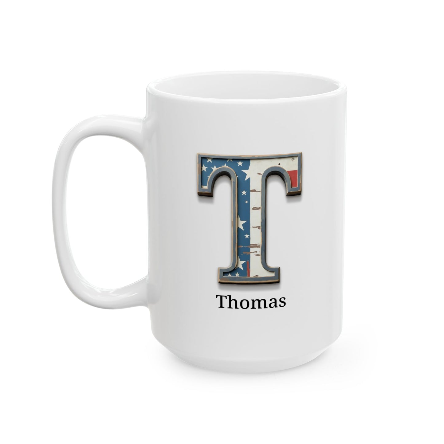 White American Flag Mug with Letter T and Name Thomas Personalized Patriotic Coffee Cup Gift for Men Veterans or Proud Americans