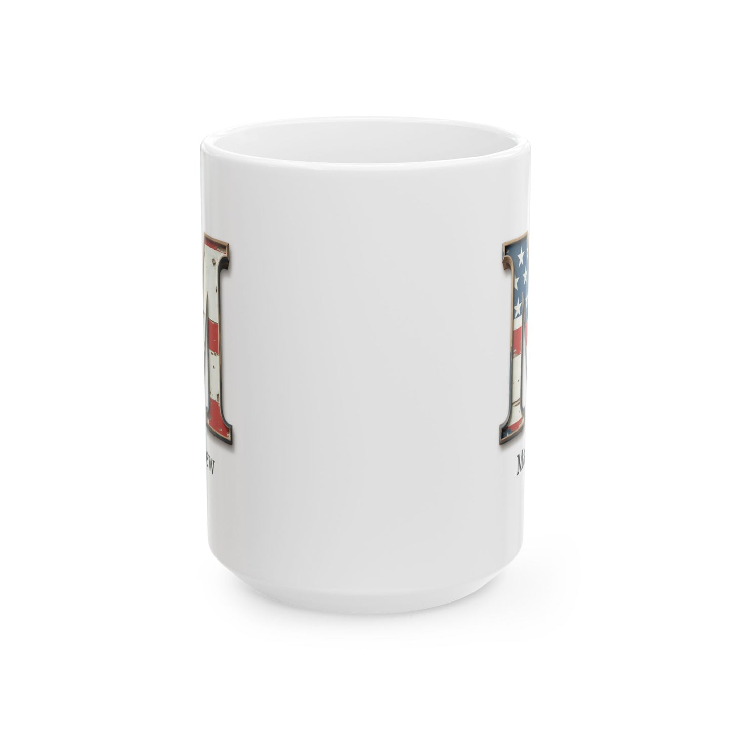 White American Flag Mug with Letter M and Name Matthew Personalized Patriotic Coffee Cup Gift for Veterans Military or Proud Americans