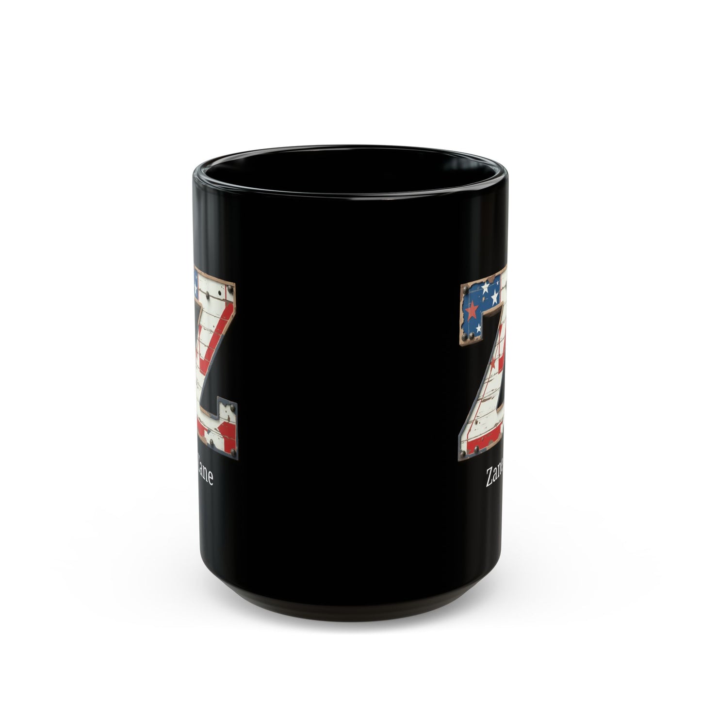 Black Personalized USA Flag Initial Mug with Letter Z and Zane Name Gift for Men, Veterans, Patriotic Coffee Lovers