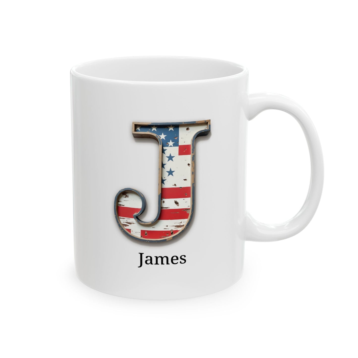 White Personalized USA Flag Initial Mug with Letter J and James Name Gift for Men, Veterans, Patriotic Coffee Lovers