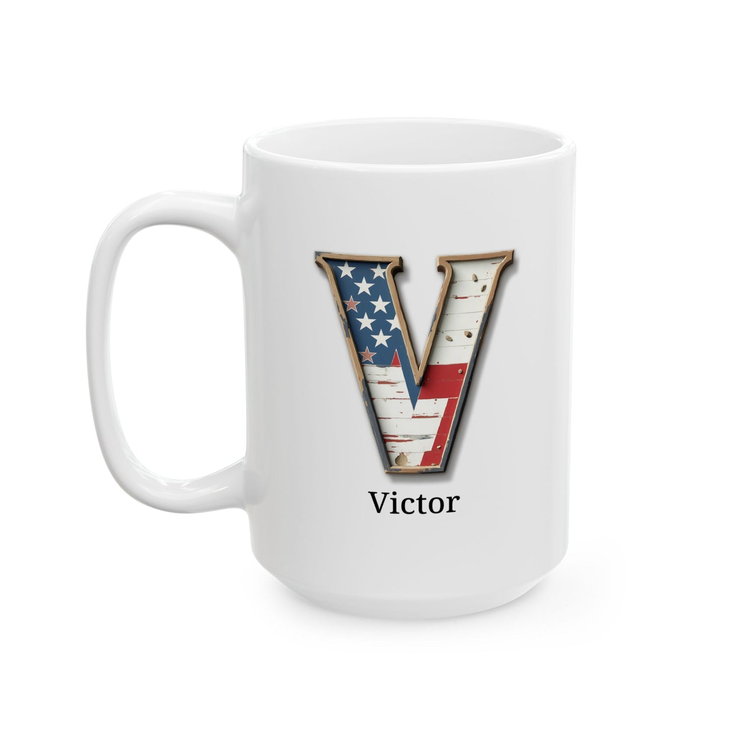 White American Flag Mug with Letter V and Name Victor Personalized Patriotic Coffee Cup Gift for Men Veterans or USA Flag Lovers