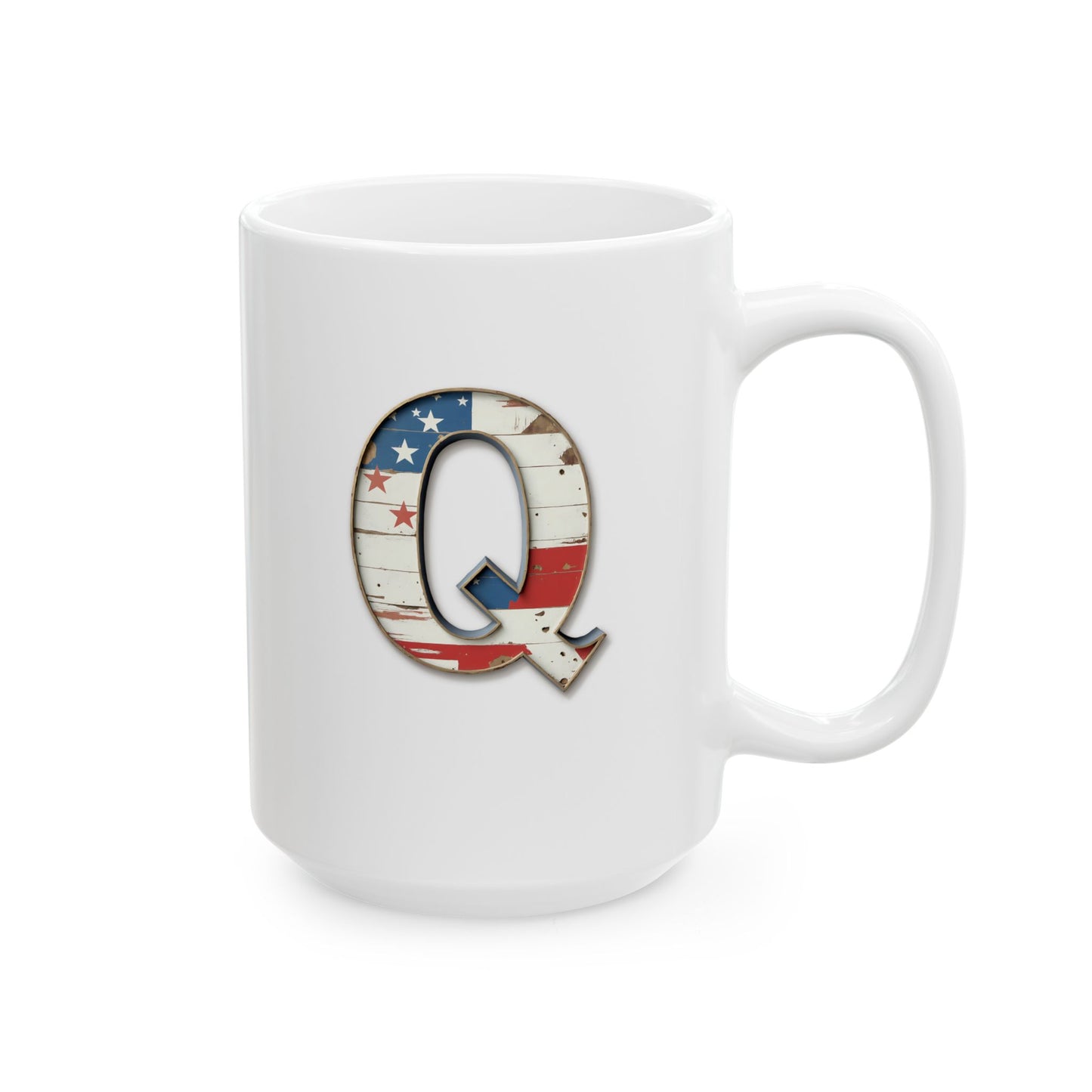 Mug - Patriotic American Flag Letter Q with Kevin Name - Vintage Red, White, and Blue Design
