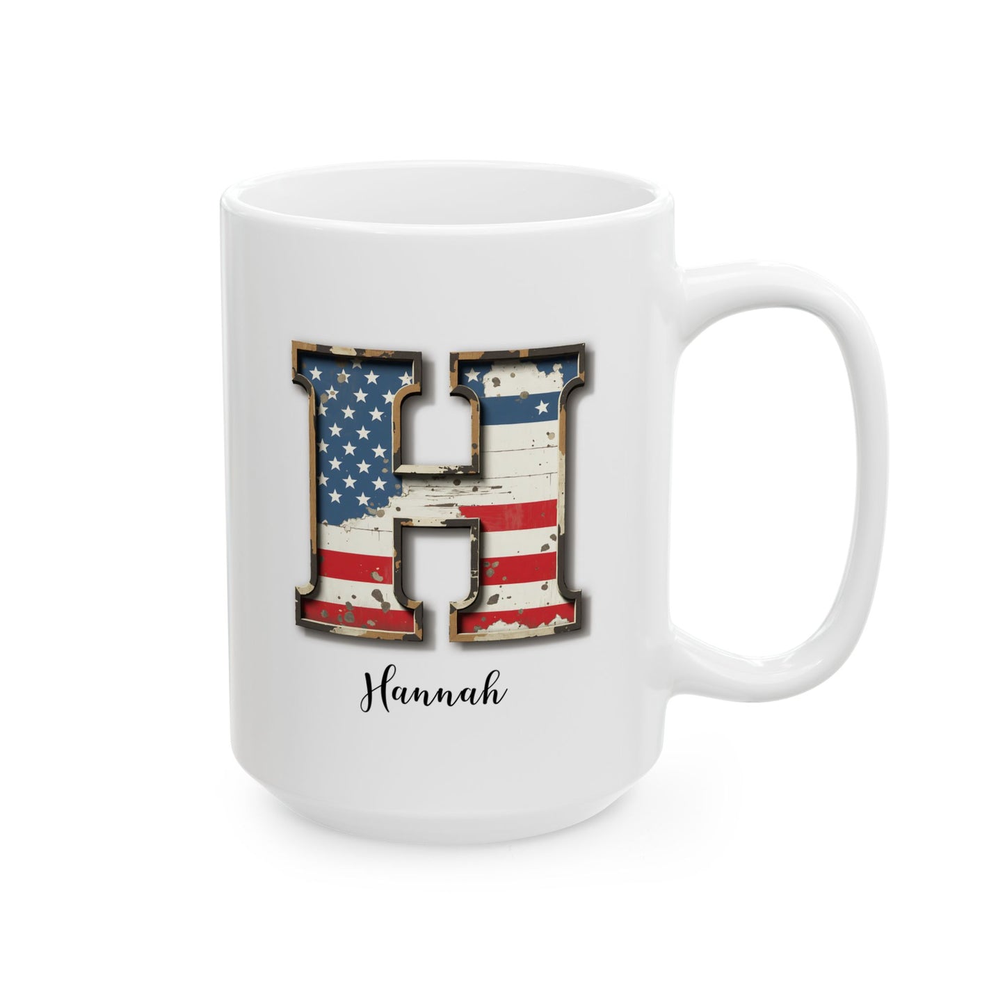 Mug - Patriotic American Flag Letter H with Kevin Name - Vintage Red, White, and Blue Design