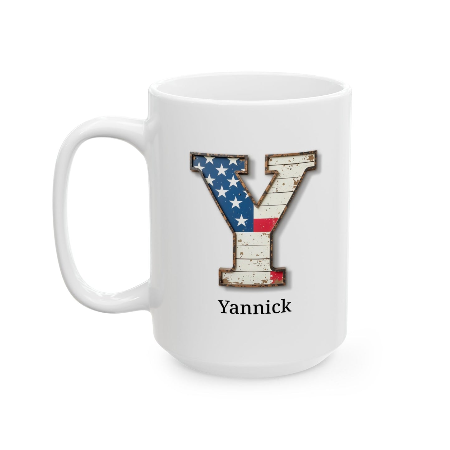 White Personalized USA Flag Initial Mug with Letter Y and Yannick Name Gift for Men, Veterans, Patriotic Coffee Lovers