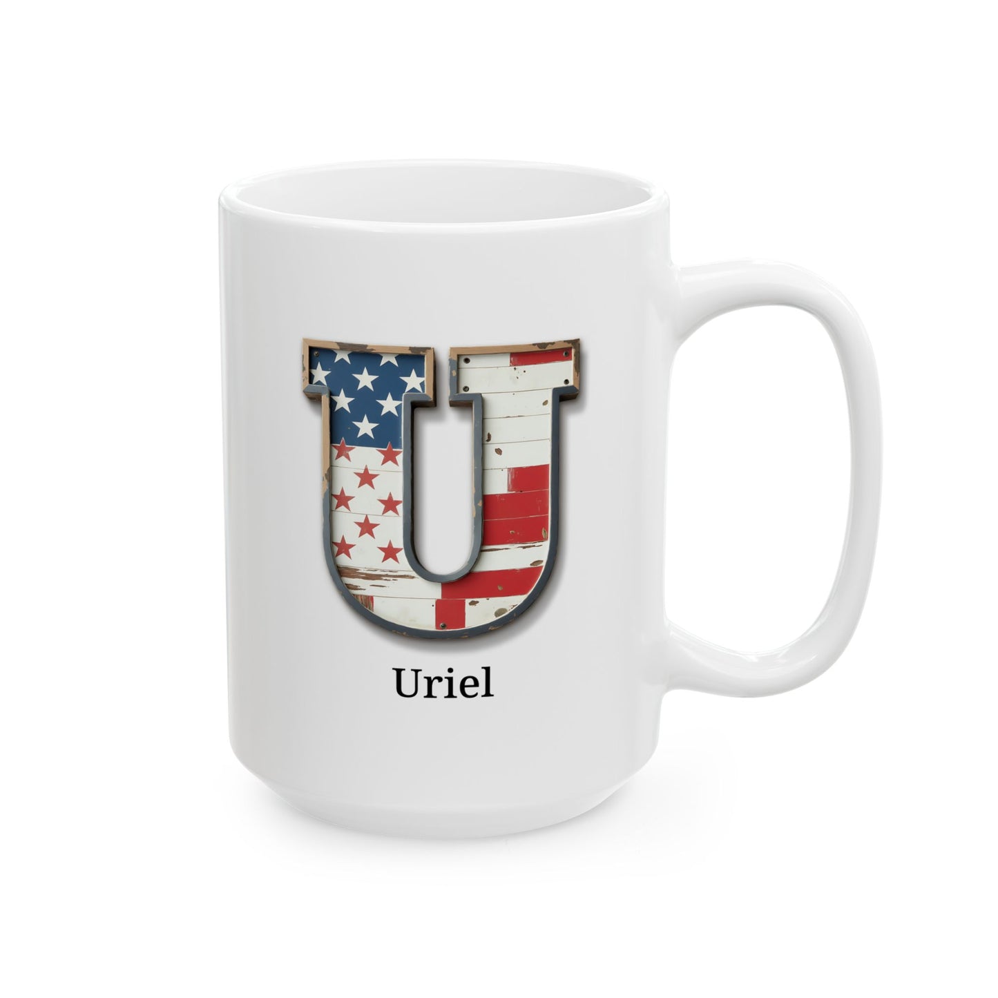 White American Flag Mug with Letter U and Name Uriel Personalized Patriotic Coffee Cup Gift for Men Veterans or USA Flag Lovers