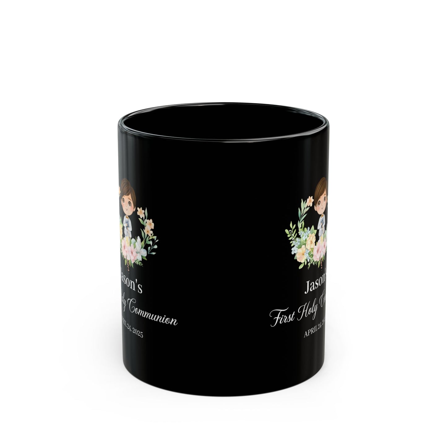 Custom Black Communion Mug for Boy – Personalized First Holy Gift