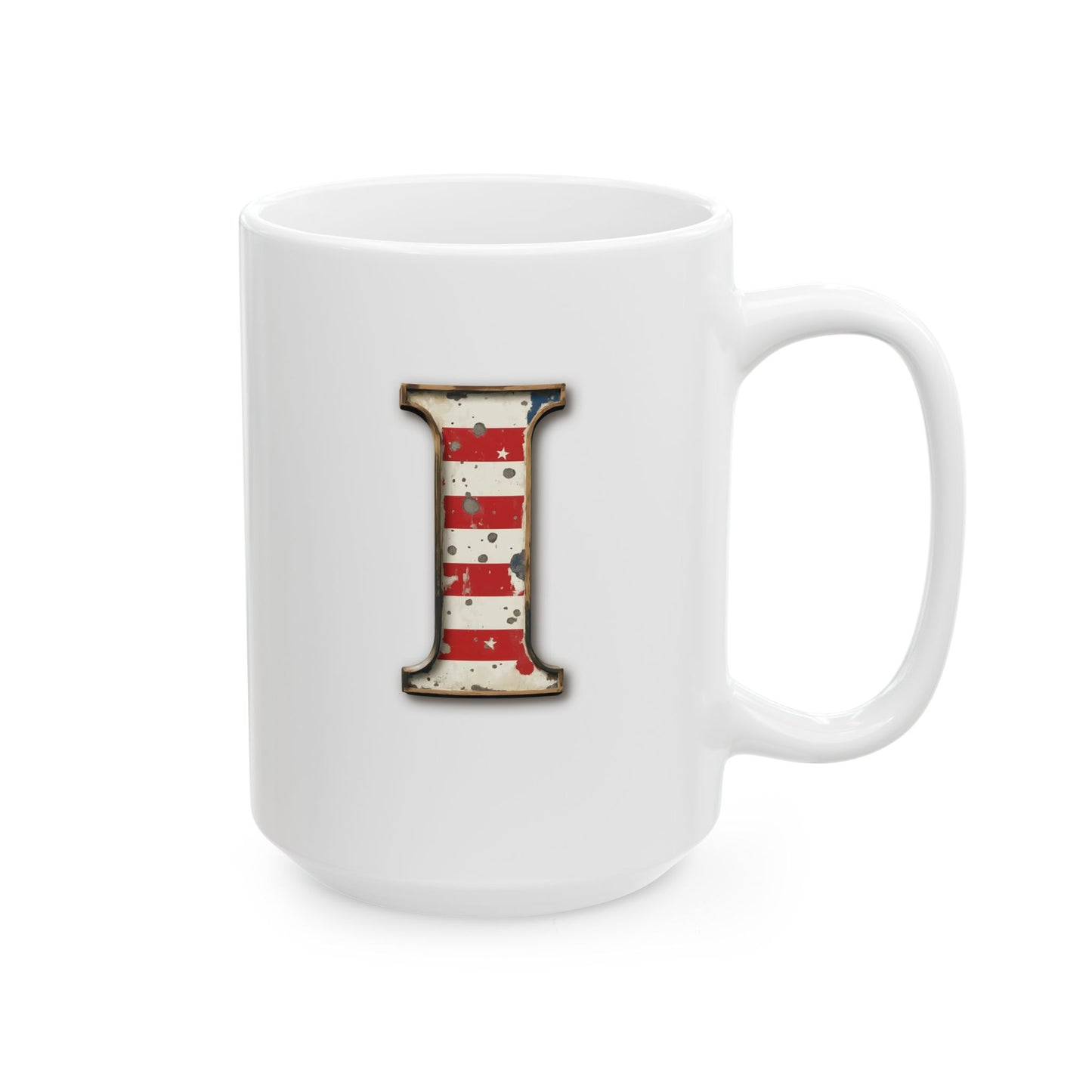 Mug - Patriotic American Flag Letter I with Kevin Name - Vintage Red, White, and Blue Design