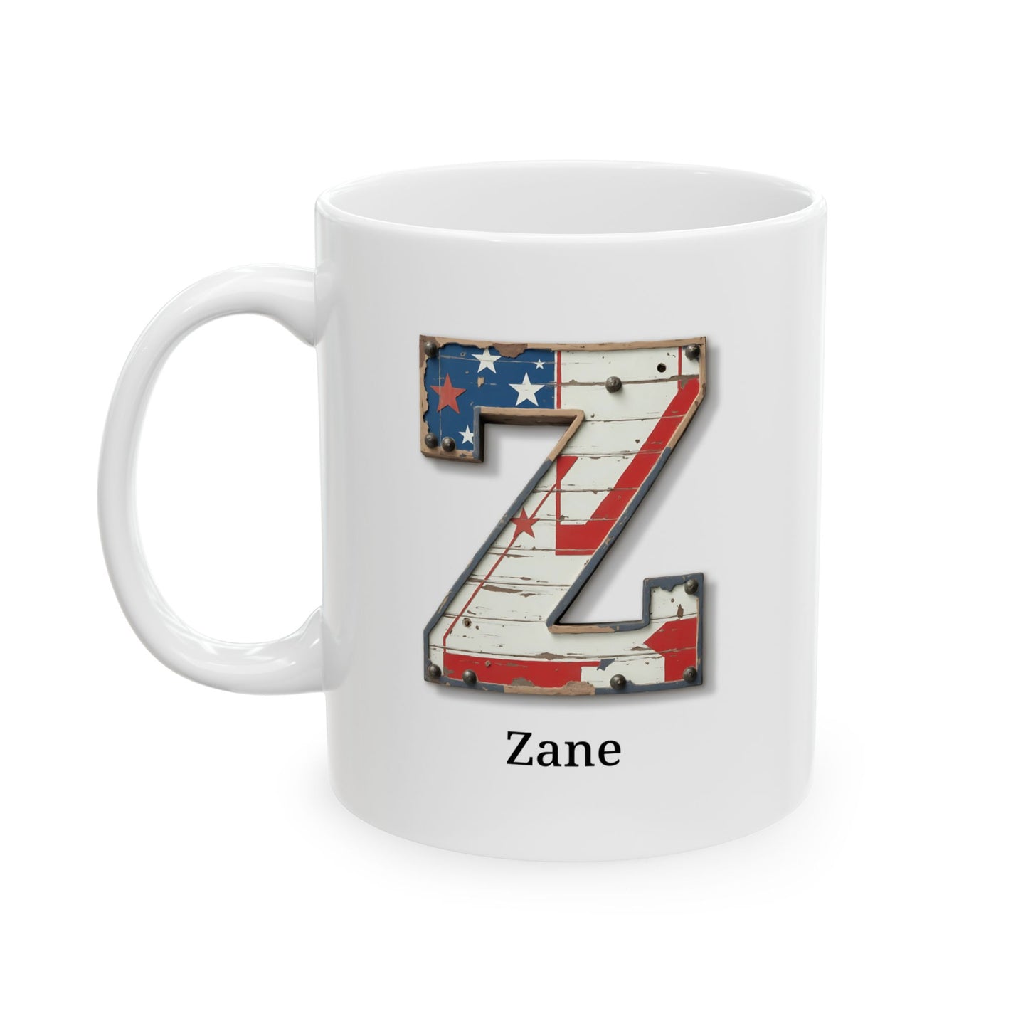 White Personalized USA Flag Initial Mug with Letter Z and Zane Name Gift for Men, Veterans, Patriotic Coffee Lovers