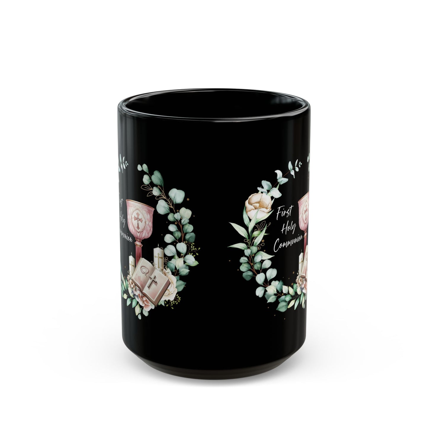 Black First Holy Communion Mug – Elegant Chalice & Bible Gift
