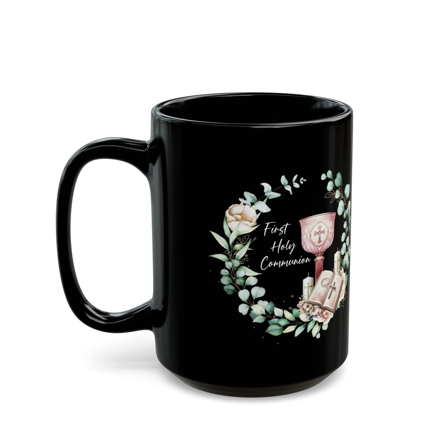 Black First Holy Communion Mug – Elegant Chalice & Bible Gift