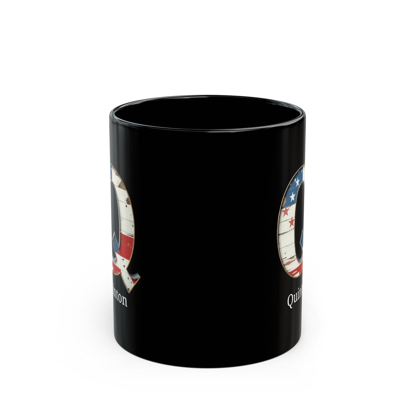 Black American Flag Mug with Letter Q and Name Quinton Personalized Patriotic Coffee Cup Gift for Men Veterans or American Flag Fans