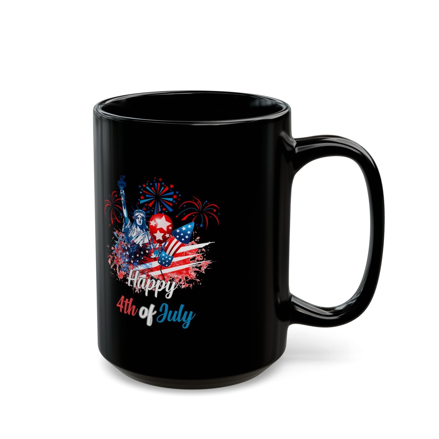 Happy 4th of July Black Mug – Statue of Liberty, Fireworks, Patriotic Gift