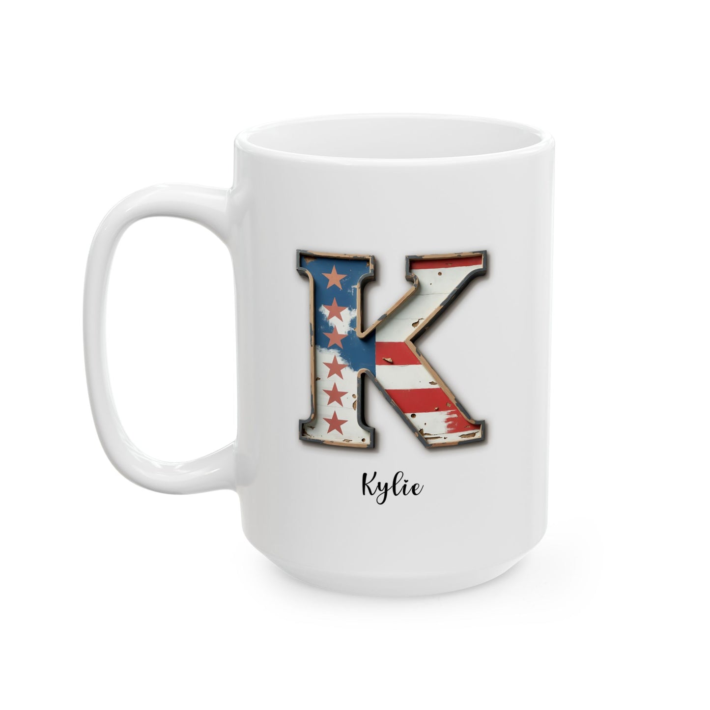 Mug - Patriotic American Flag Letter K with Kevin Name - Vintage Red, White, and Blue Design