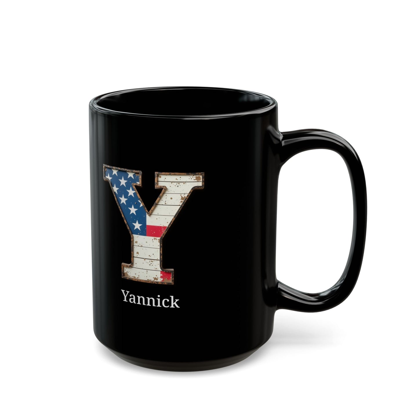 Black Personalized USA Flag Initial Mug with Letter Y and Yannick Name Gift for Men, Veterans, Patriotic Coffee Lovers