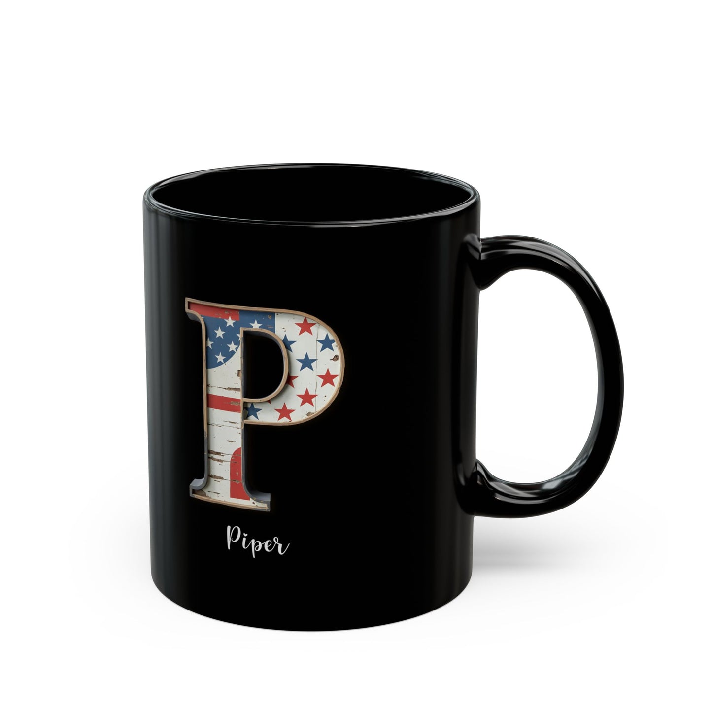Mug - Patriotic American Flag Letter P with Kevin Name - Vintage Red, White, and Blue Design