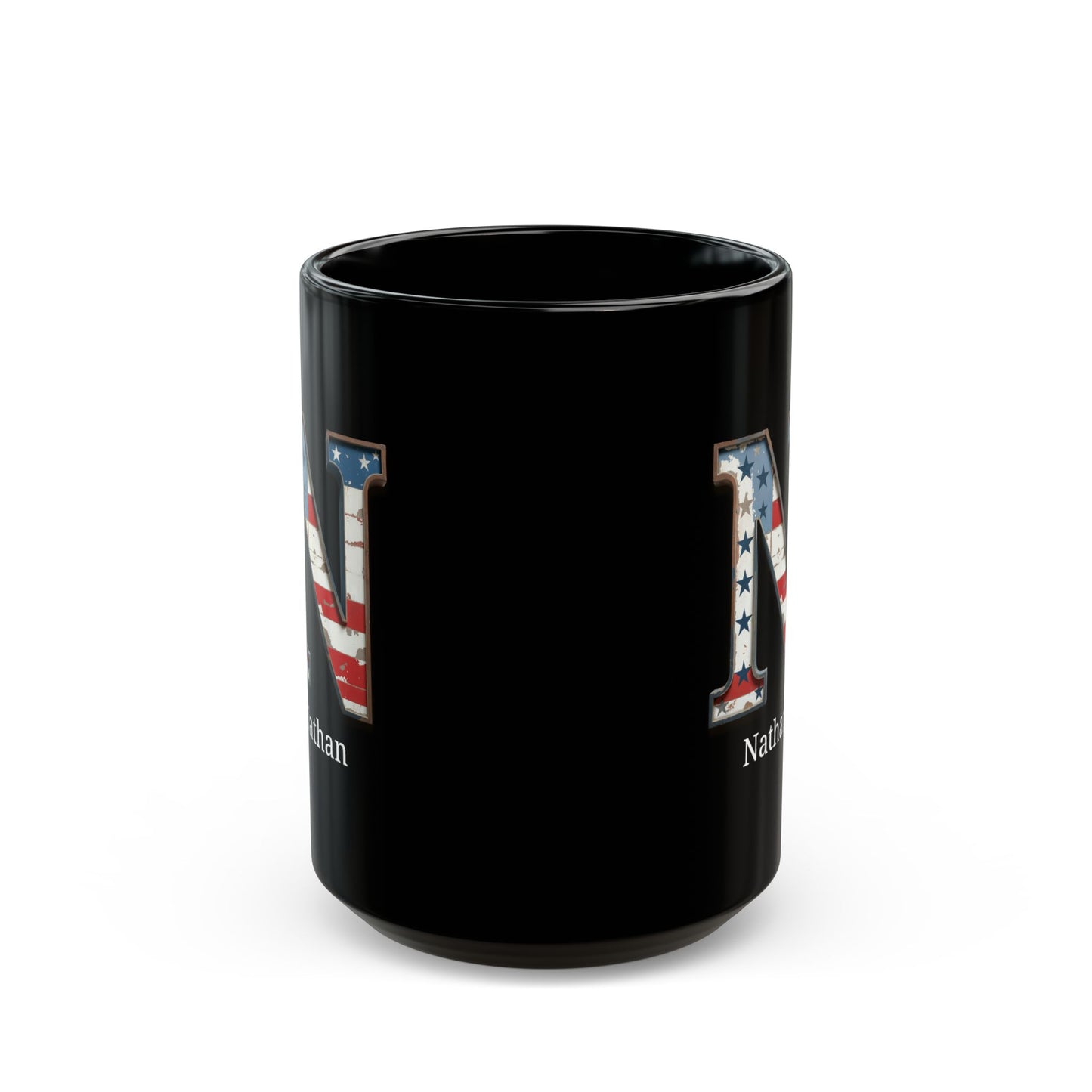 Black American Flag Mug with Letter N and Name Nathan Personalized Patriotic Coffee Cup Gift for Men Veterans or USA Flag Supporters