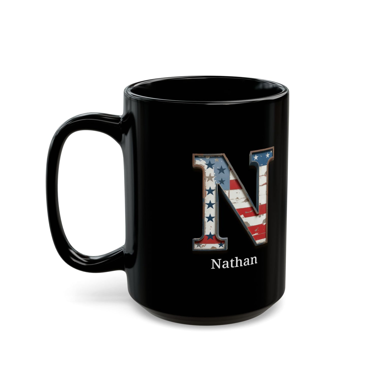 Black American Flag Mug with Letter N and Name Nathan Personalized Patriotic Coffee Cup Gift for Men Veterans or USA Flag Supporters