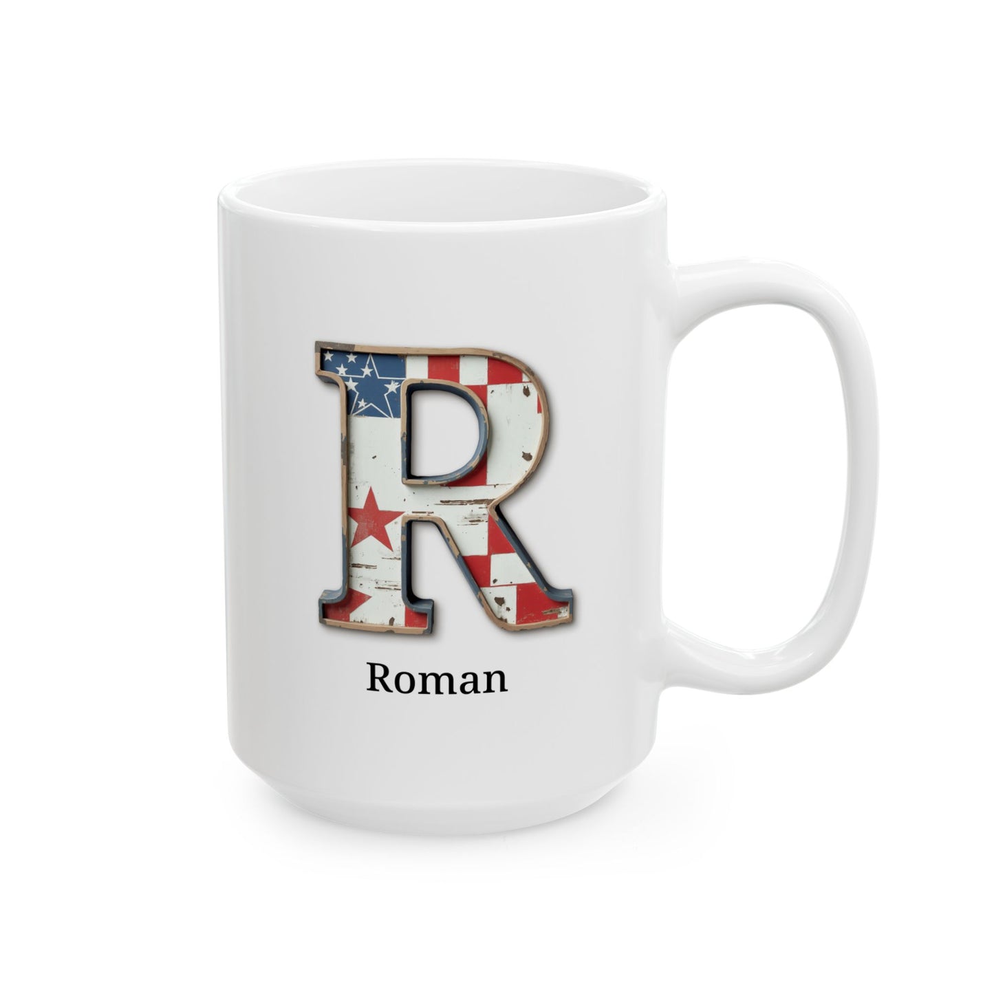 White American Flag Mug with Letter R and Name Roman Personalized Patriotic Coffee Cup Gift for Men Veterans or USA Flag Lovers