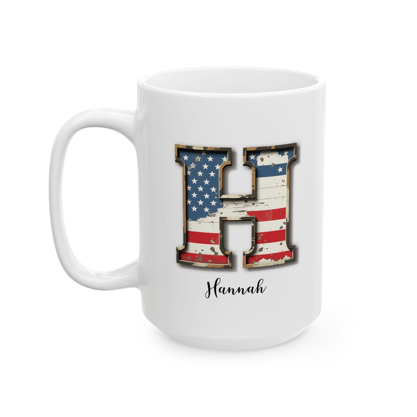 Mug - Patriotic American Flag Letter H with Kevin Name - Vintage Red, White, and Blue Design