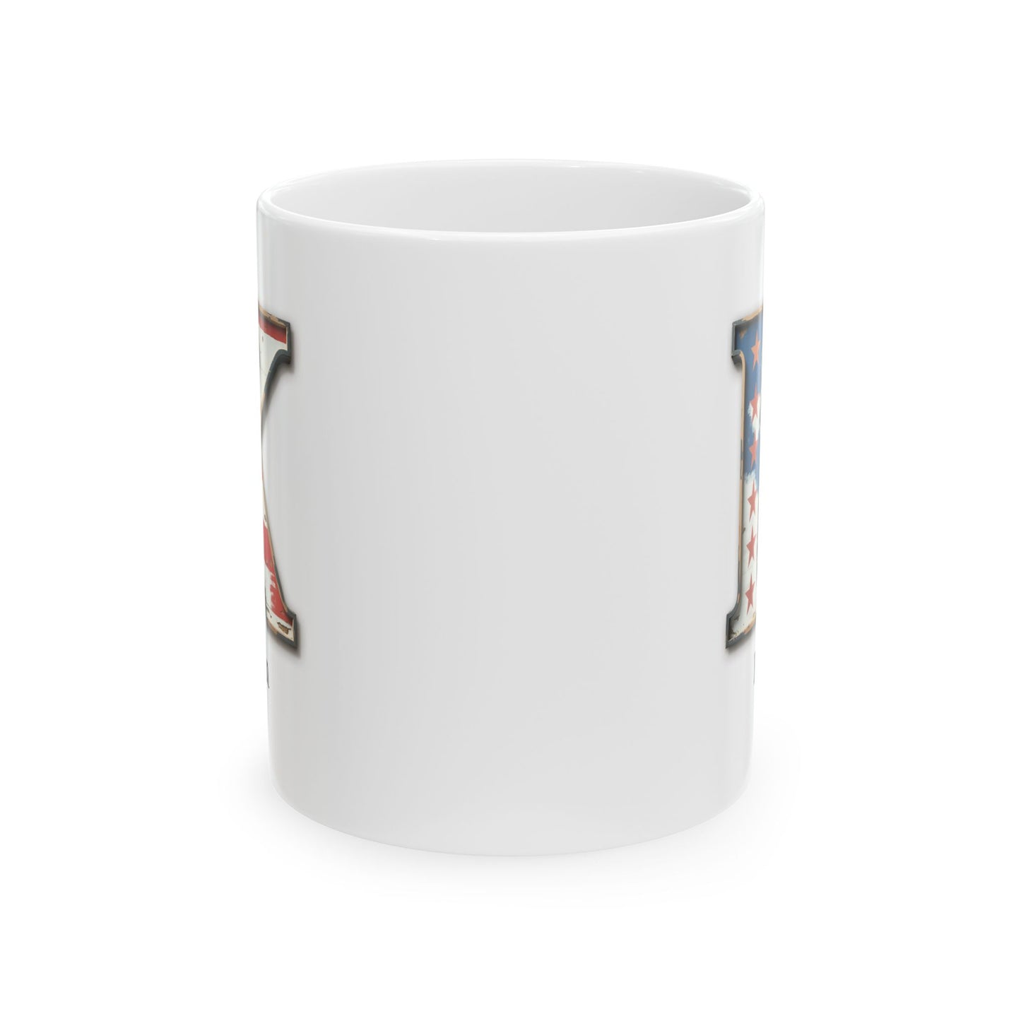 White Patriotic Initial Mug with Letter K and Name Kevin Personalized American Flag Coffee Cup Gift for Men, Veterans, or USA Supporters